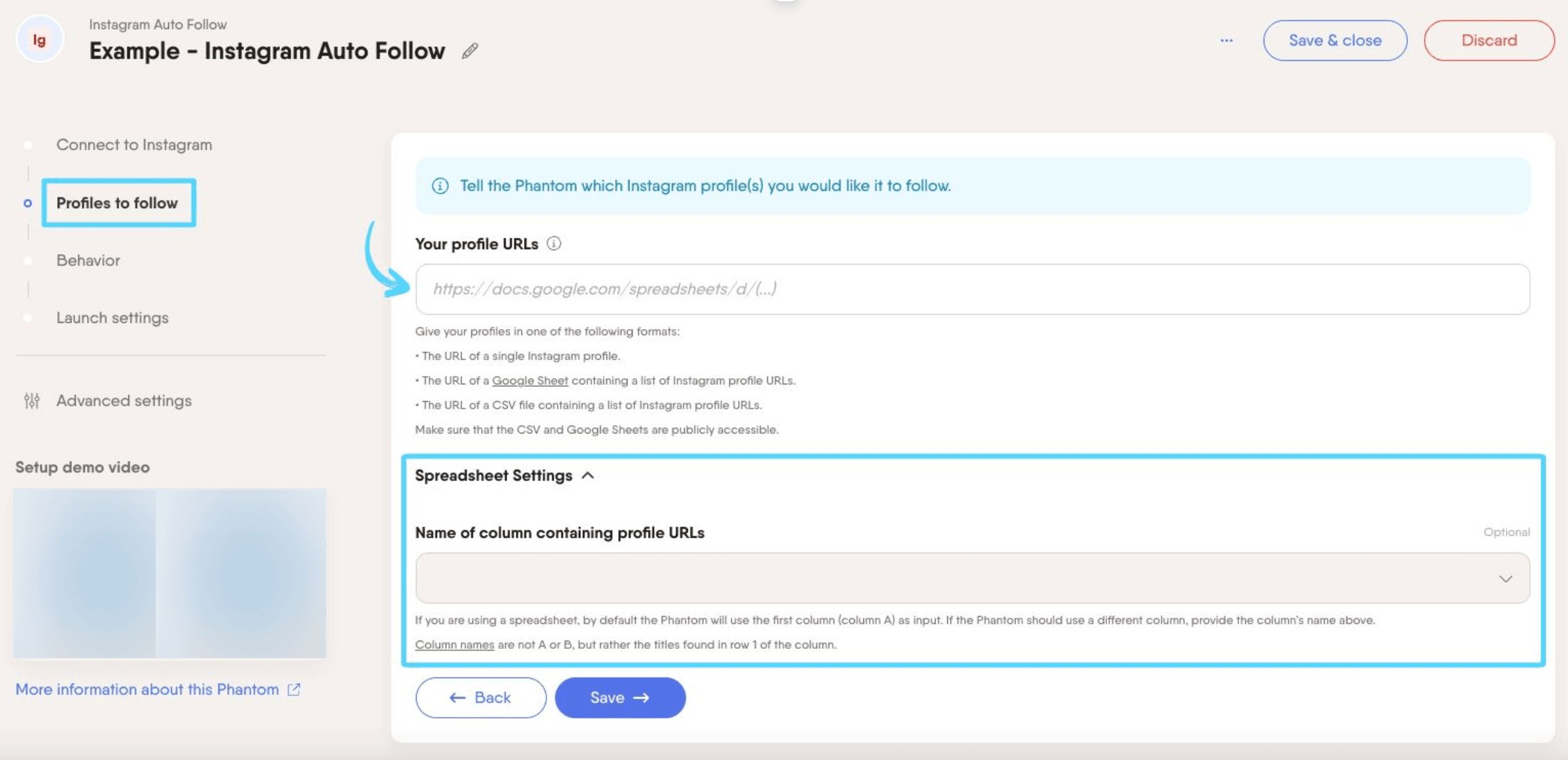 PhantomBuster Instagram Auto Follow step 2 providing the Instagram profile URLs