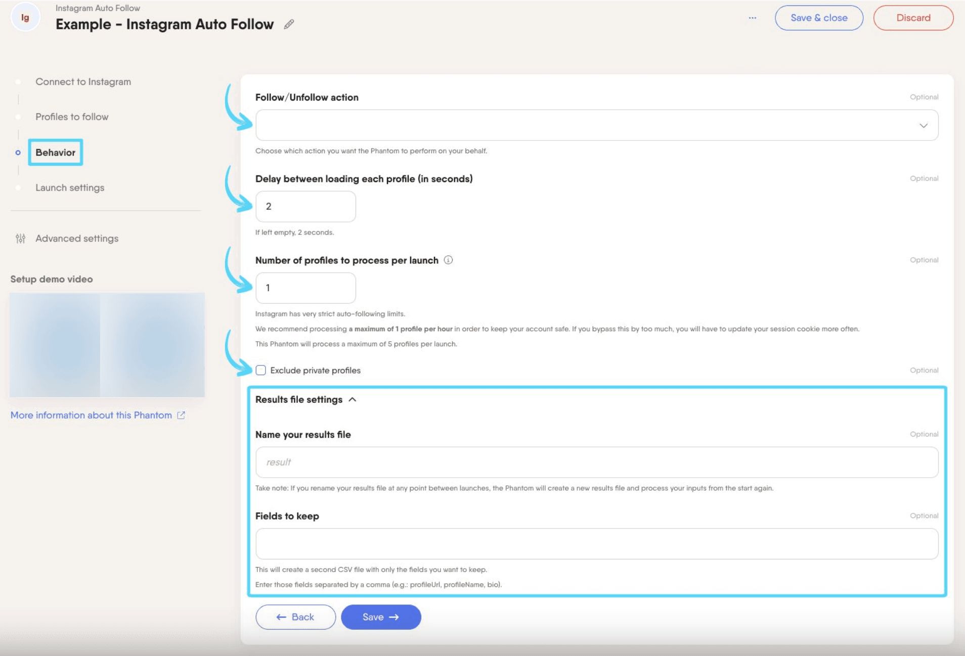 PhantomBuster Instagram Auto Follow step 3 choosing the action and configuring processing
