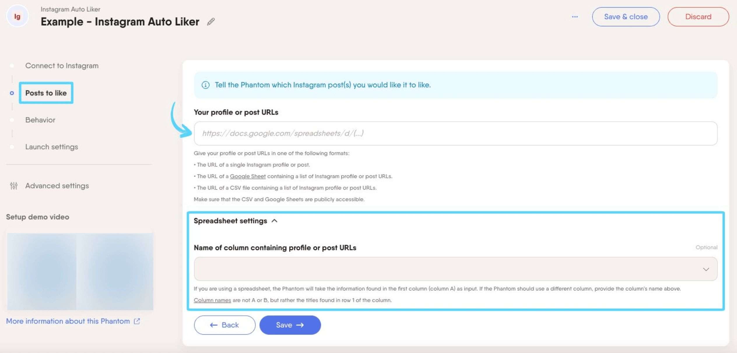 PhantomBuster Instagram Auto Liker step 2 providing profile or post URL inputs