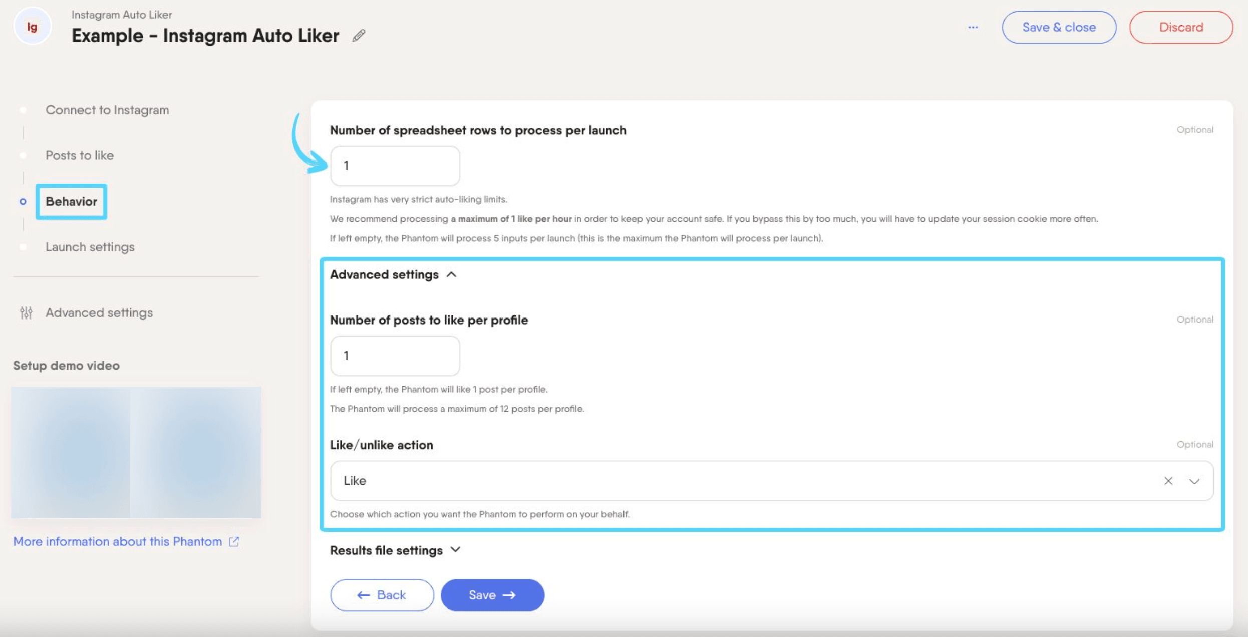 PhantomBuster Instagram Auto Liker step 3 advanced settings posts per profile and like or unlike action