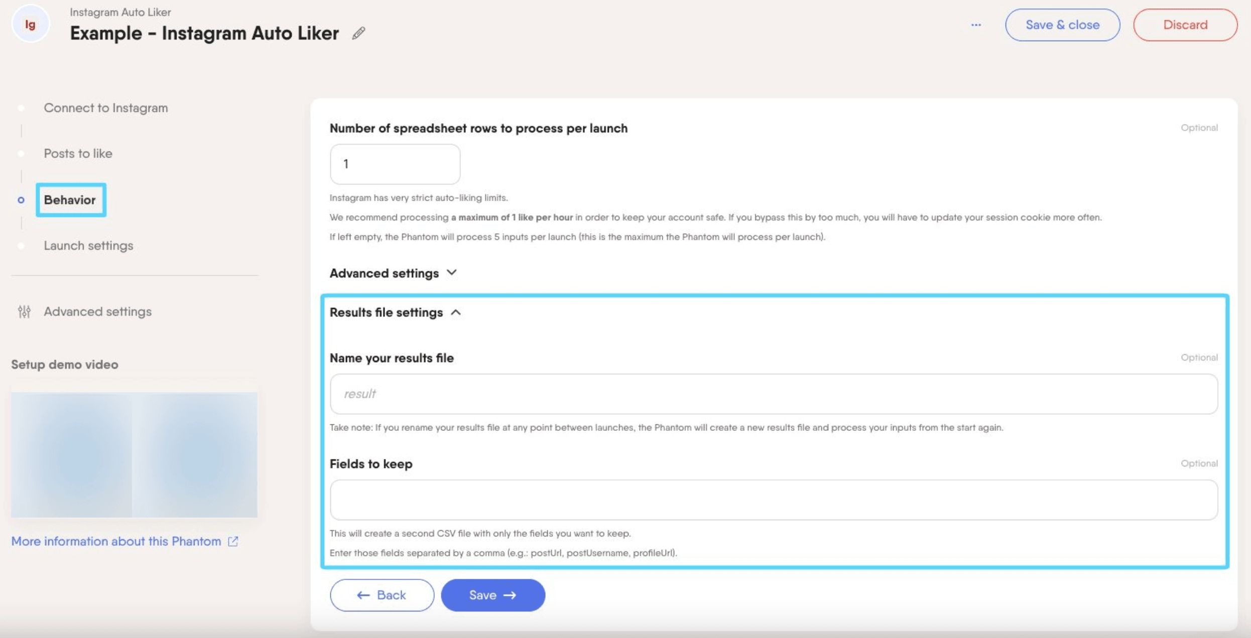 PhantomBuster Instagram Auto Liker step 3 result file settings dropdown