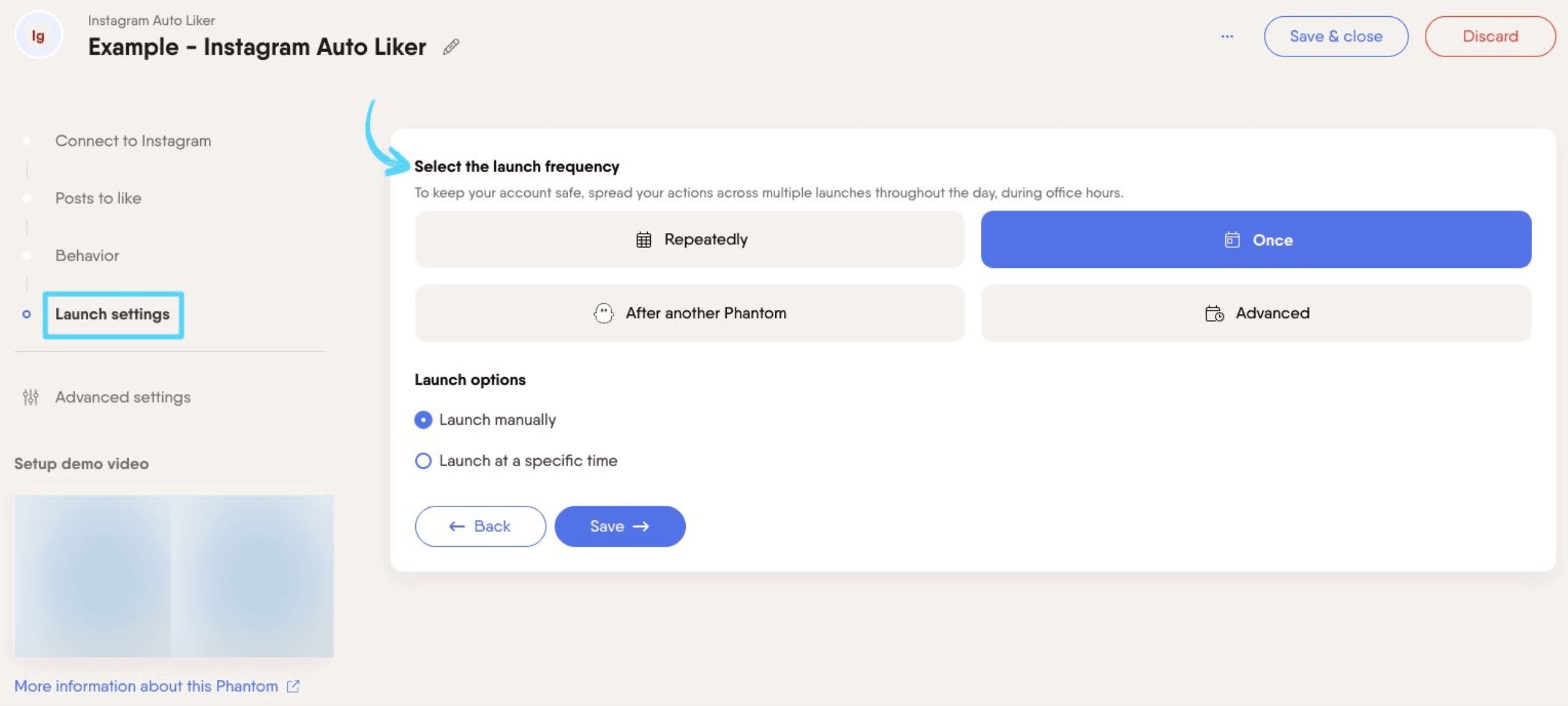 PhantomBuster Instagram Auto Liker step 4 selecting launch frequency