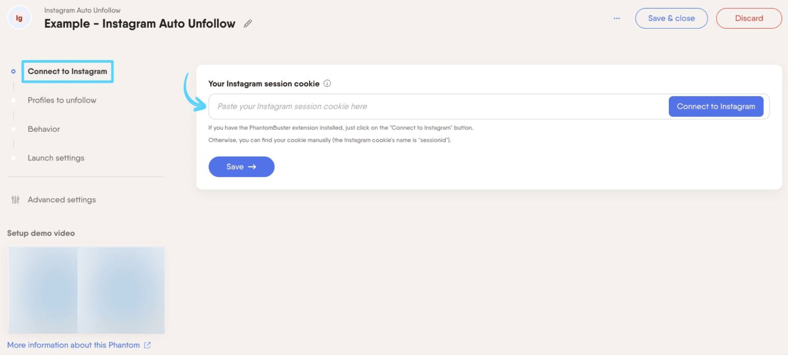 PhantomBuster Instagram Auto Unfollow step 1 connecting your Instagram account