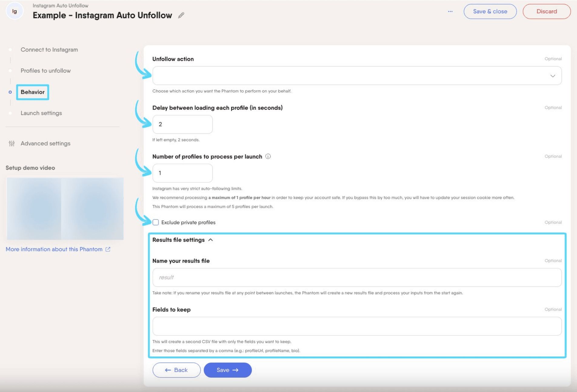 PhantomBuster Instagram Auto Unfollow step 3 configuring unfollow settings and limits