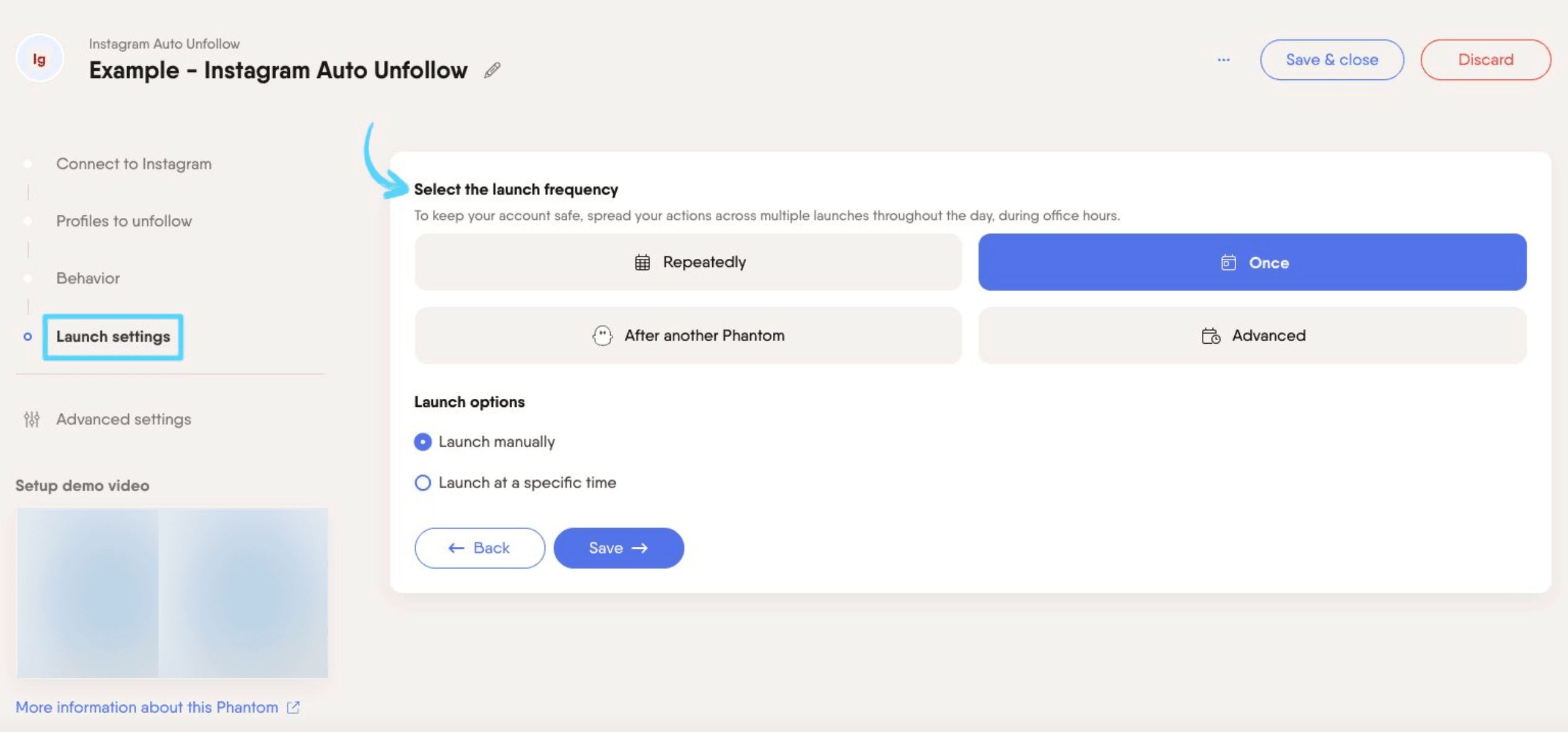 PhantomBuster Instagram Auto Unfollow step 4 selecting launch frequency