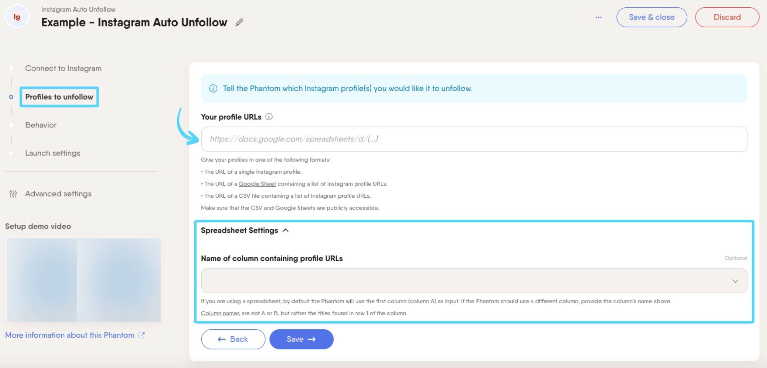 PhantomBuster Instagram Auto Unfollow step 2 providing the Instagram profile URLs to unfollow