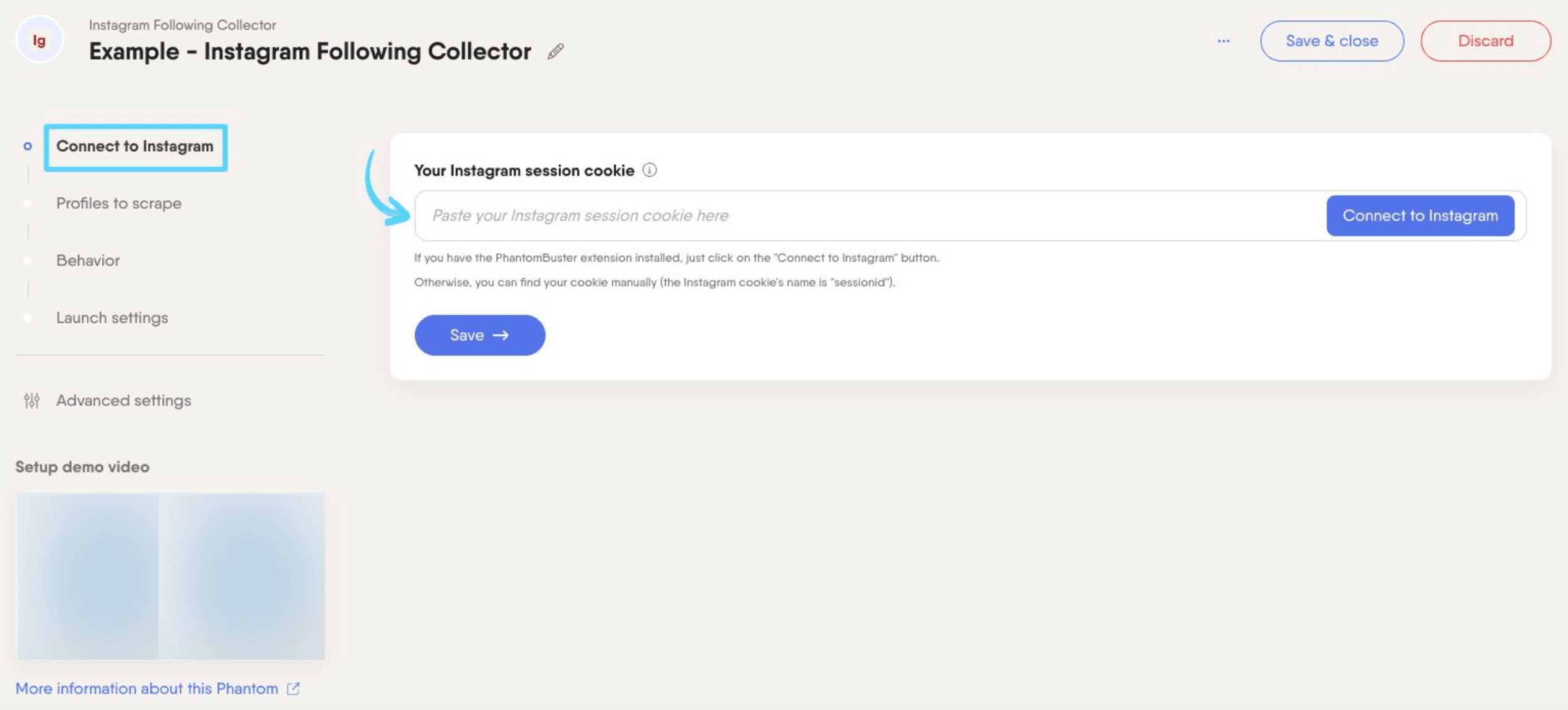 PhantomBuster Instagram Following Collector step 1 connecting your Instagram account