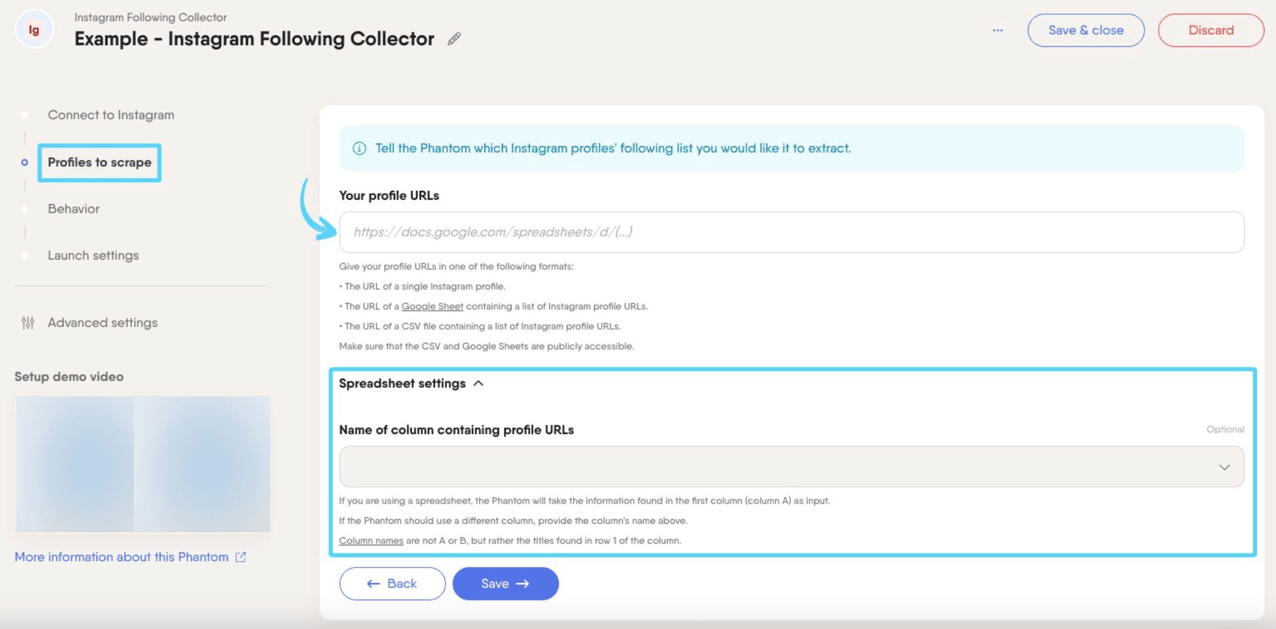 PhantomBuster Instagram Following Collector step 2 providing the profiles to extract followings from