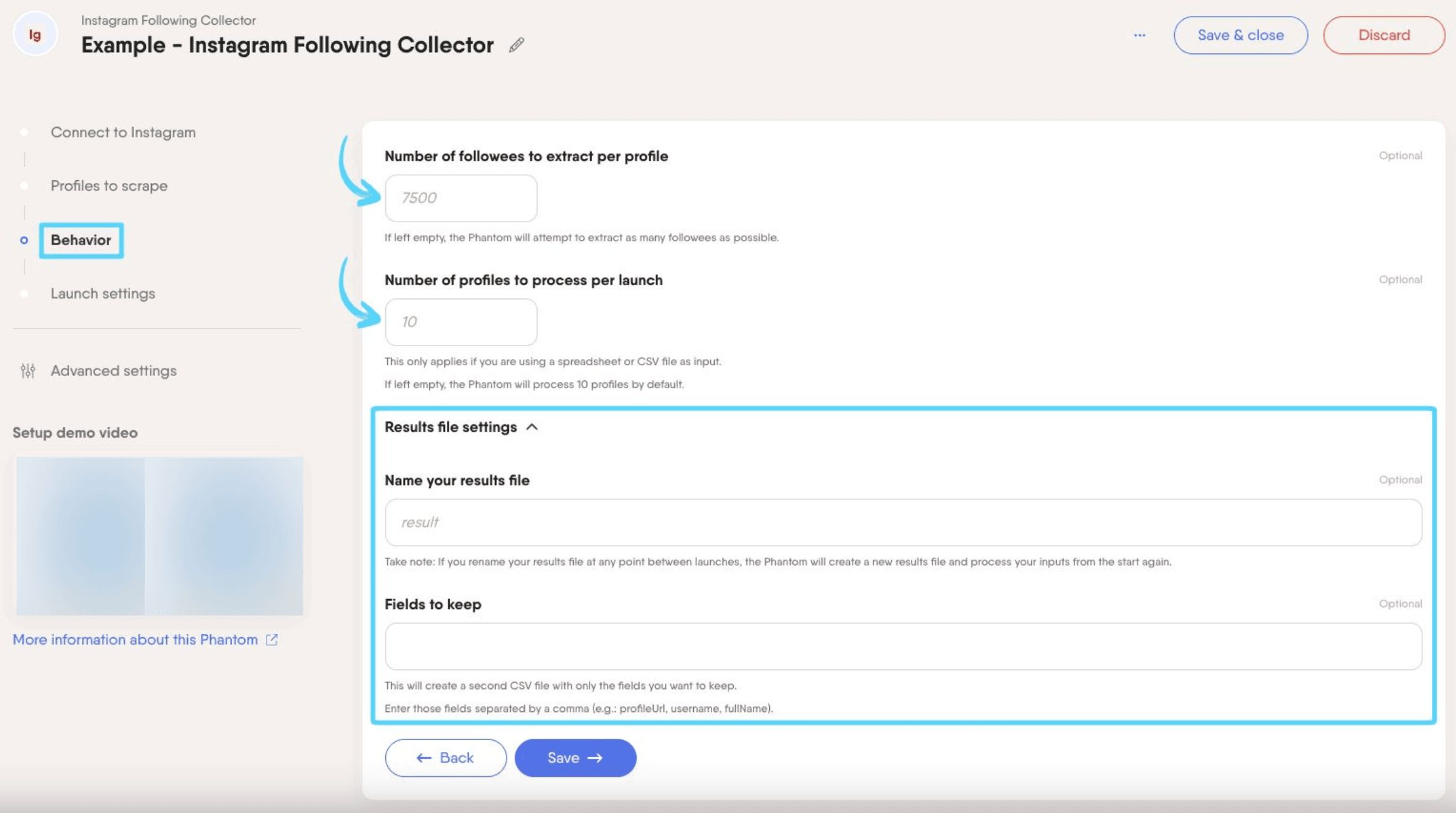 PhantomBuster Instagram Following Collector step 3 configuring following extraction limits