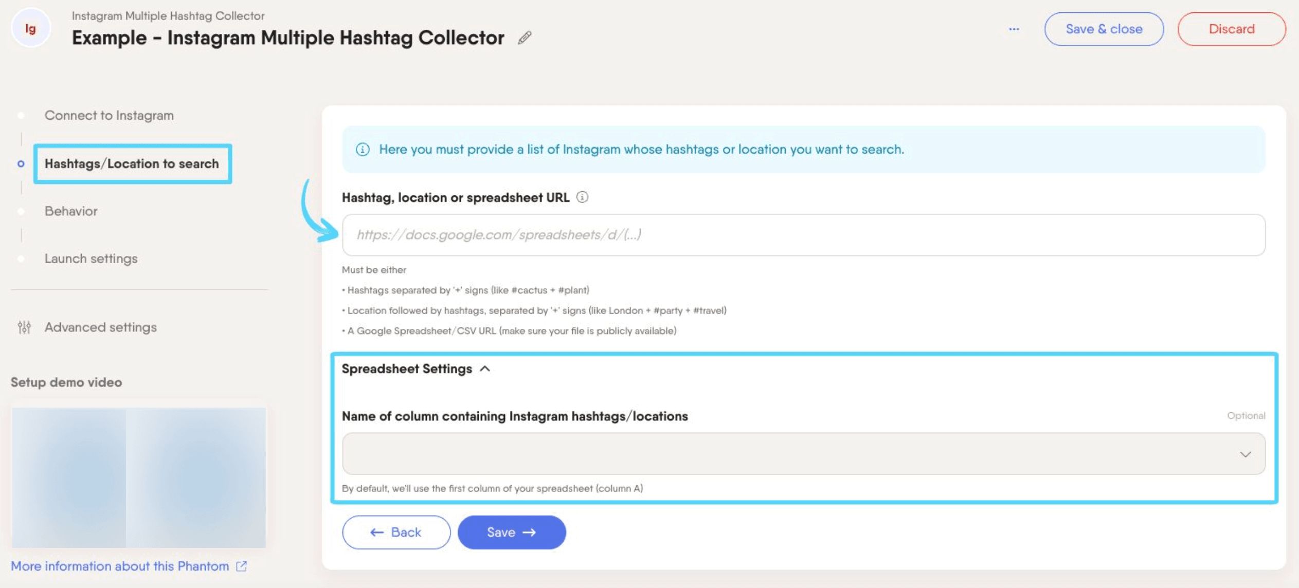 PhantomBuster Instagram Multiple Hashtag Collector step 2 providing your hashtags and or locations