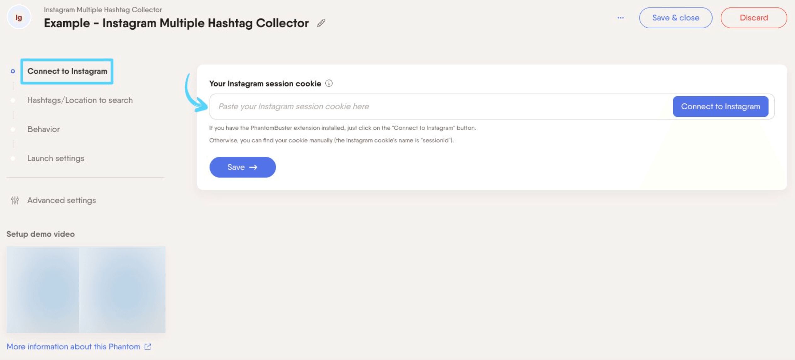 PhantomBuster Instagram Multiple Hashtag Collector step 1 connecting your Instagram account
