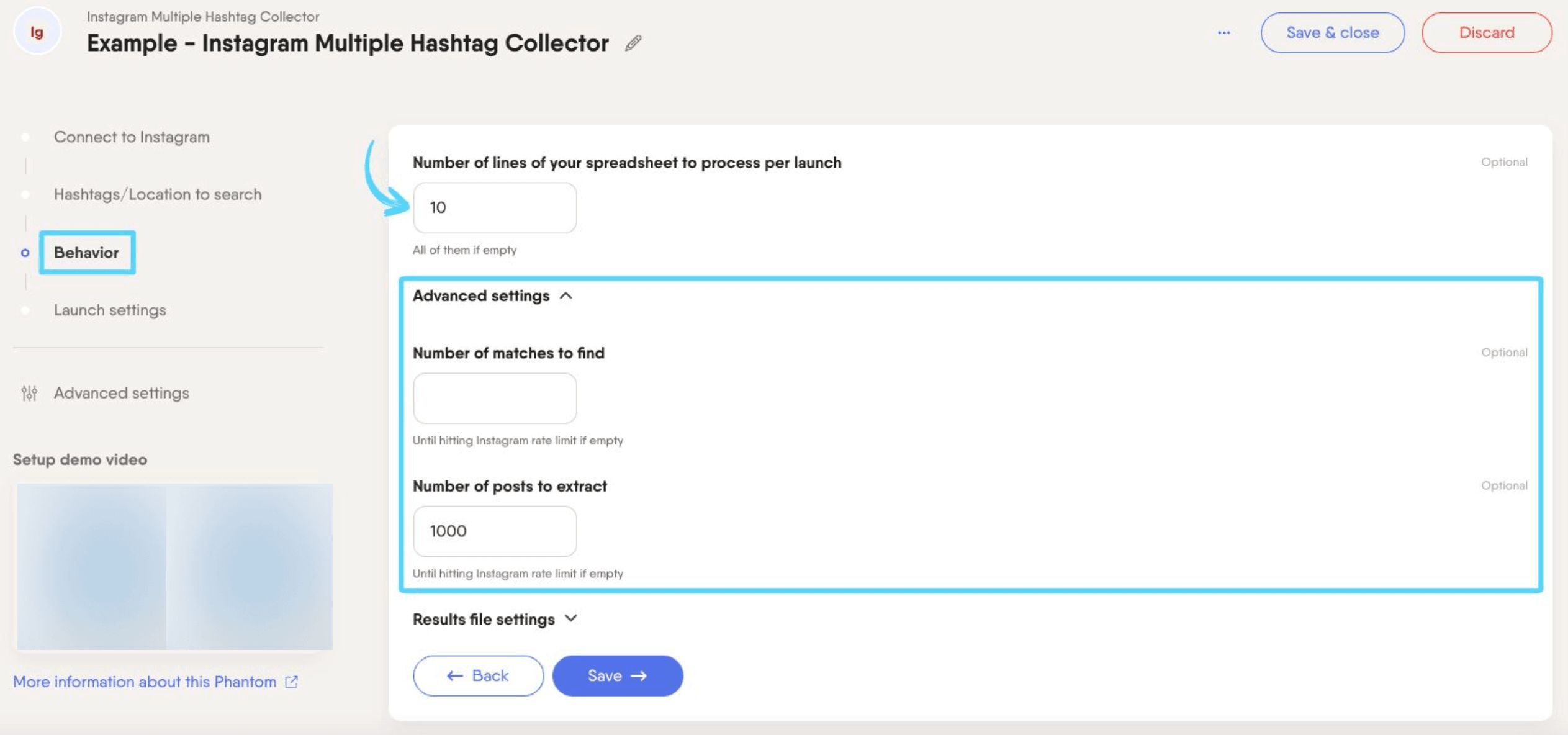 PhantomBuster Instagram Multiple Hashtag Collector step 3 advanced settings for matches and posts to extract