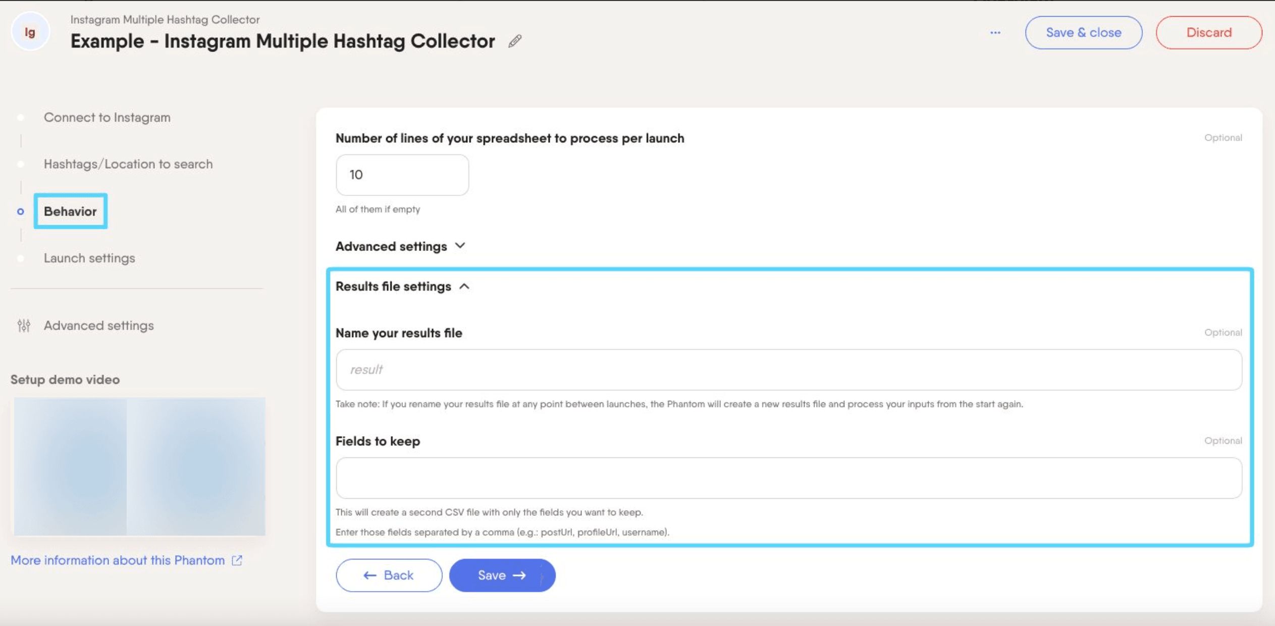 PhantomBuster Instagram Multiple Hashtag Collector step 3 result file settings dropdown