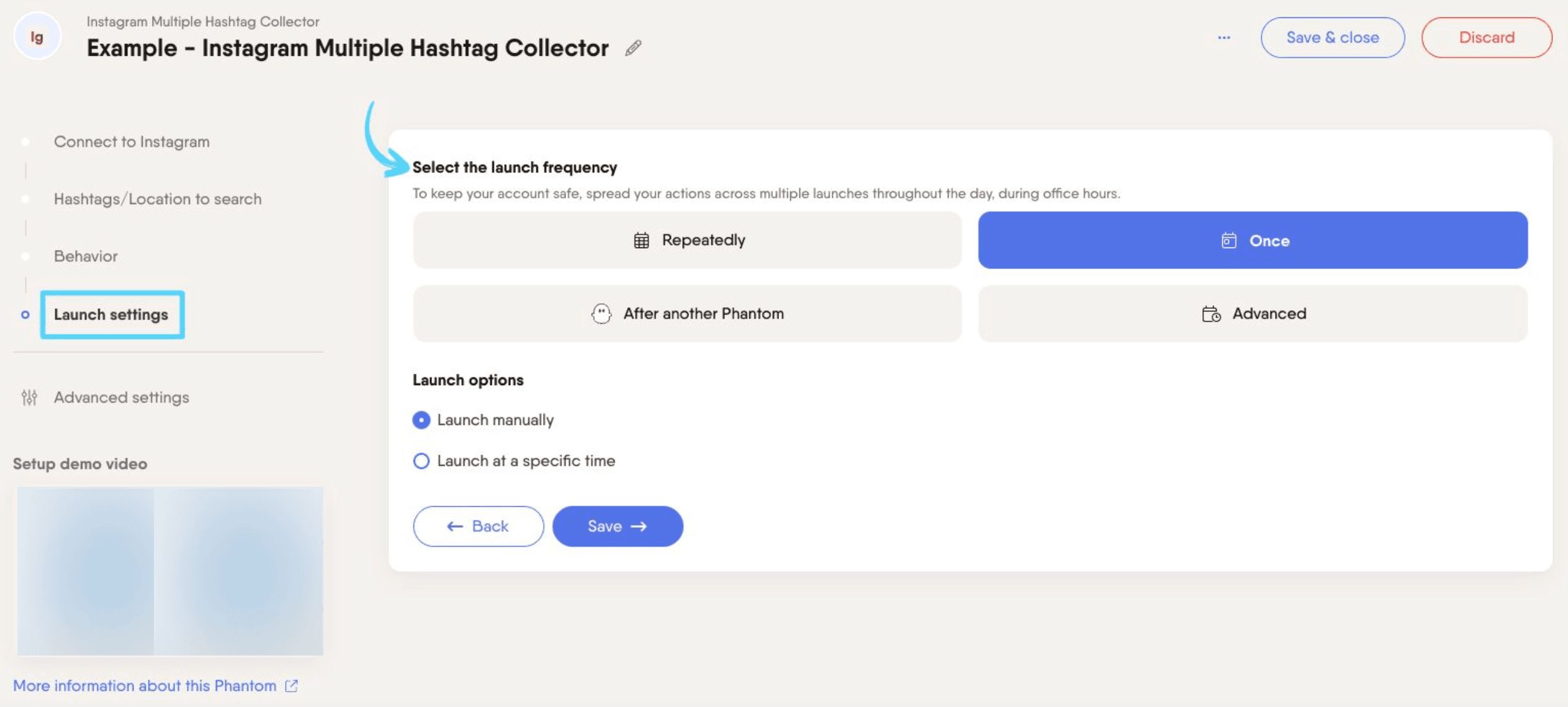 PhantomBuster Instagram Multiple Hashtag Collector step 4 selecting launch frequency