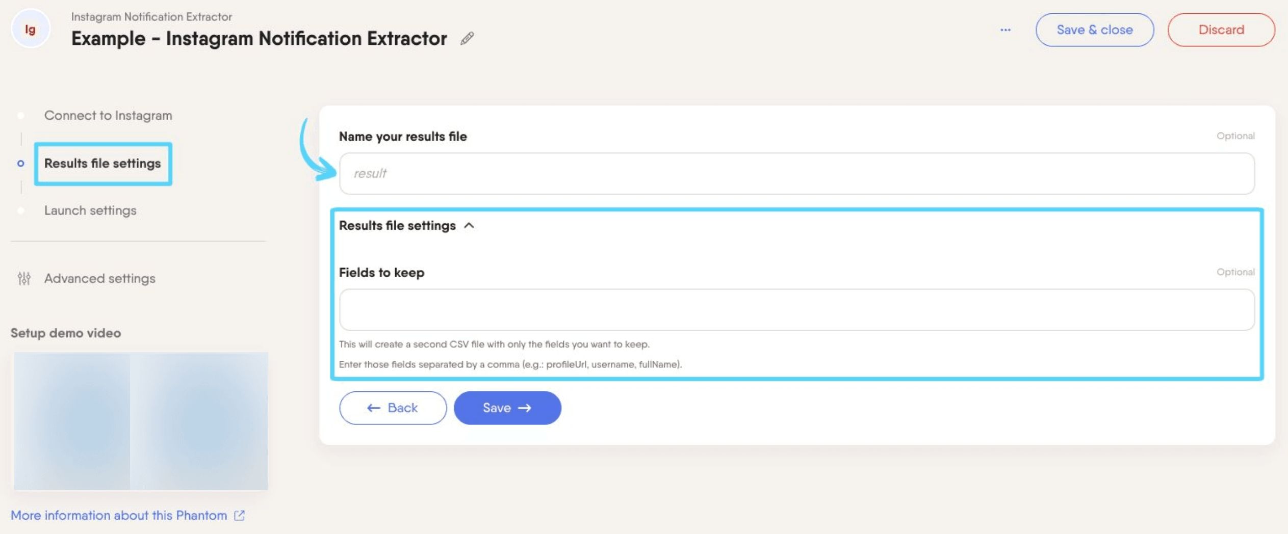 PhantomBuster Instagram Notification Extractor step 2 configuring your results file settings