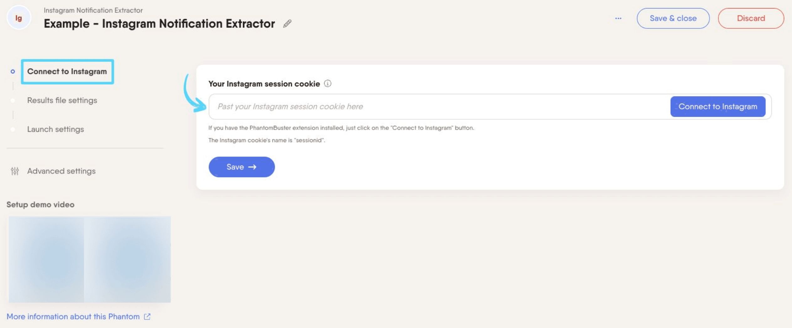 PhantomBuster Instagram Notification Extractor step 1 connecting your Instagram account