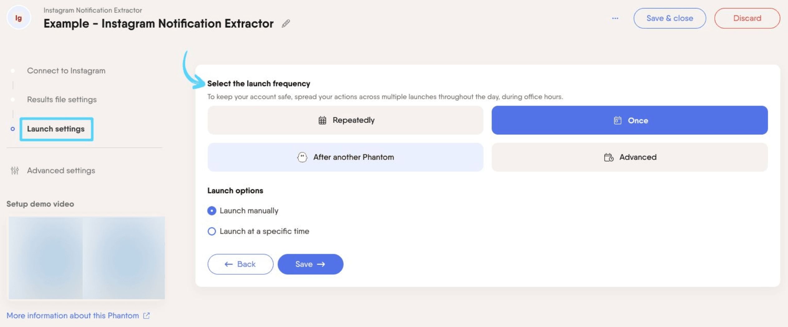 PhantomBuster Instagram Notification Extractor step 3 selecting launch frequency