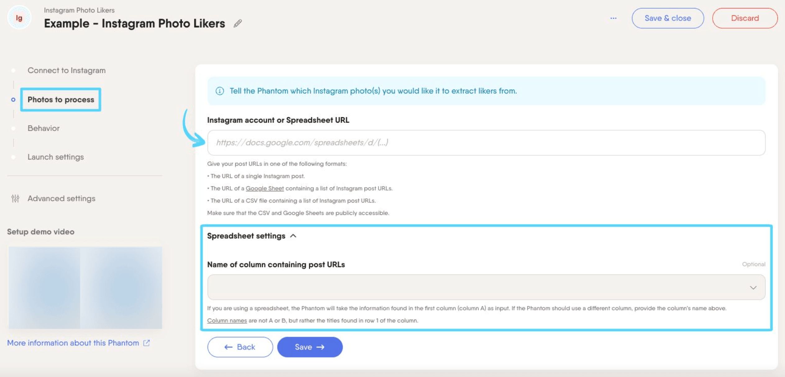 PhantomBuster Instagram Photo Likers step 2 providing your Instagram post URLs
