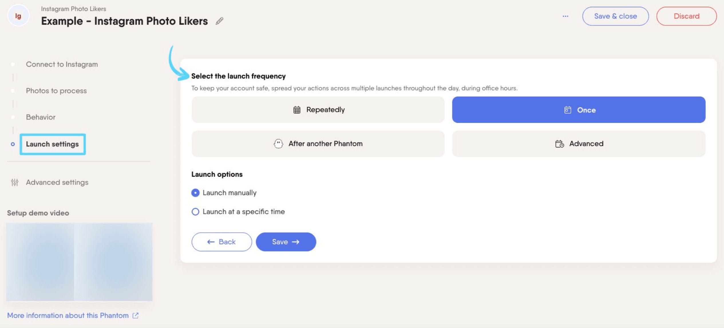 PhantomBuster Instagram Photo Likers step 4 selecting launch frequency