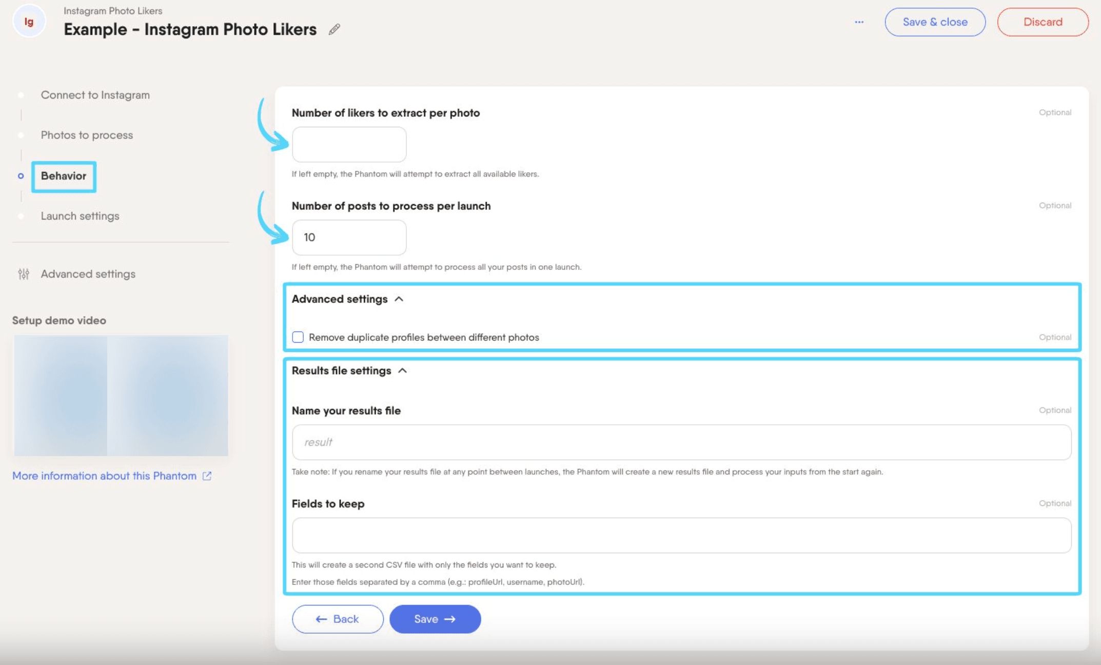 PhantomBuster Instagram Photo Likers step 3 configuring liker extraction limits