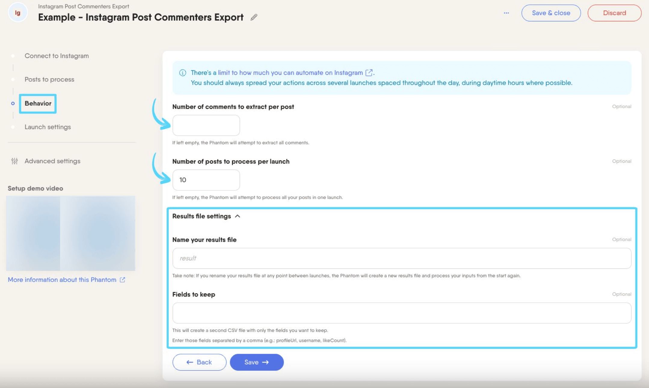 PhantomBuster Instagram Post Commenters Export step 3 configuring comment extraction limits