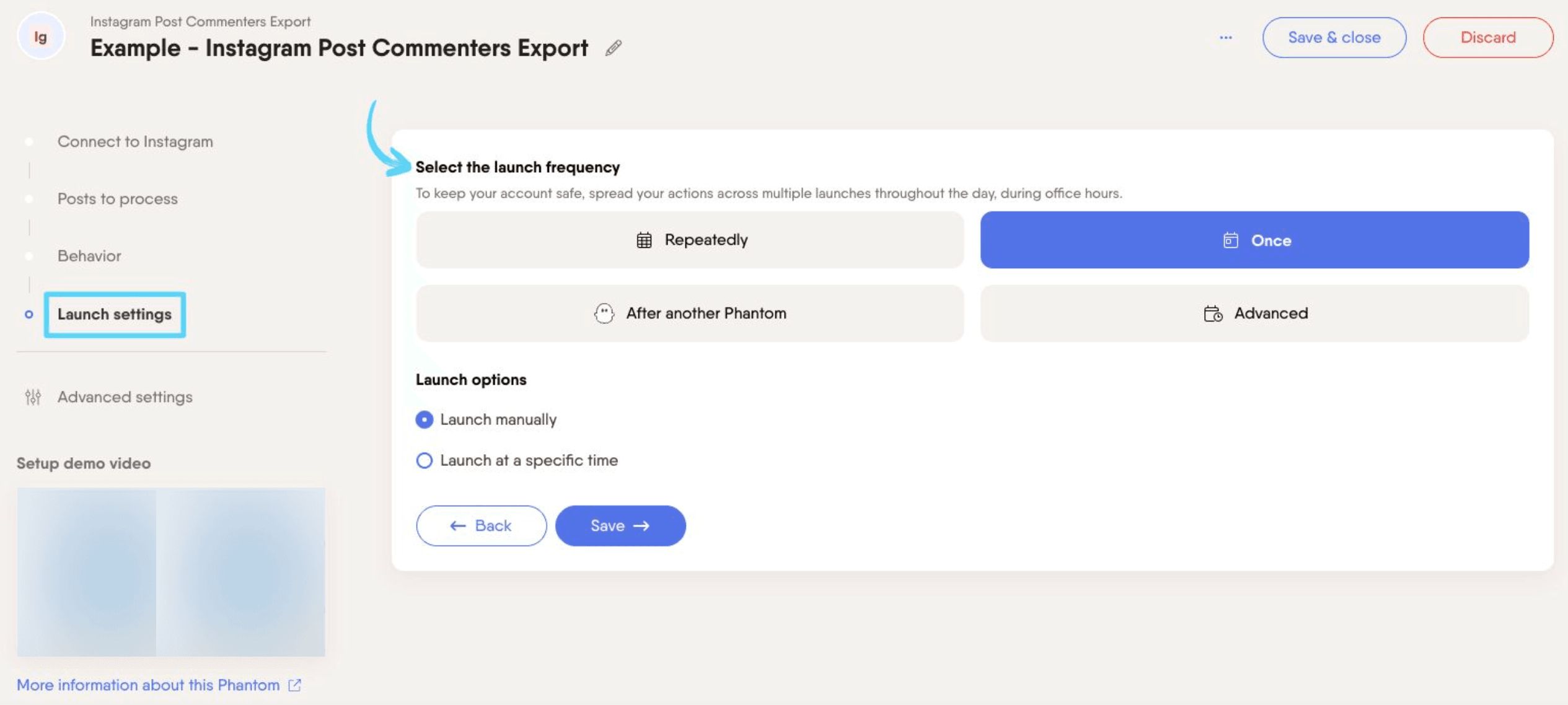 PhantomBuster Instagram Post Commenters Export step 4 selecting launch frequency