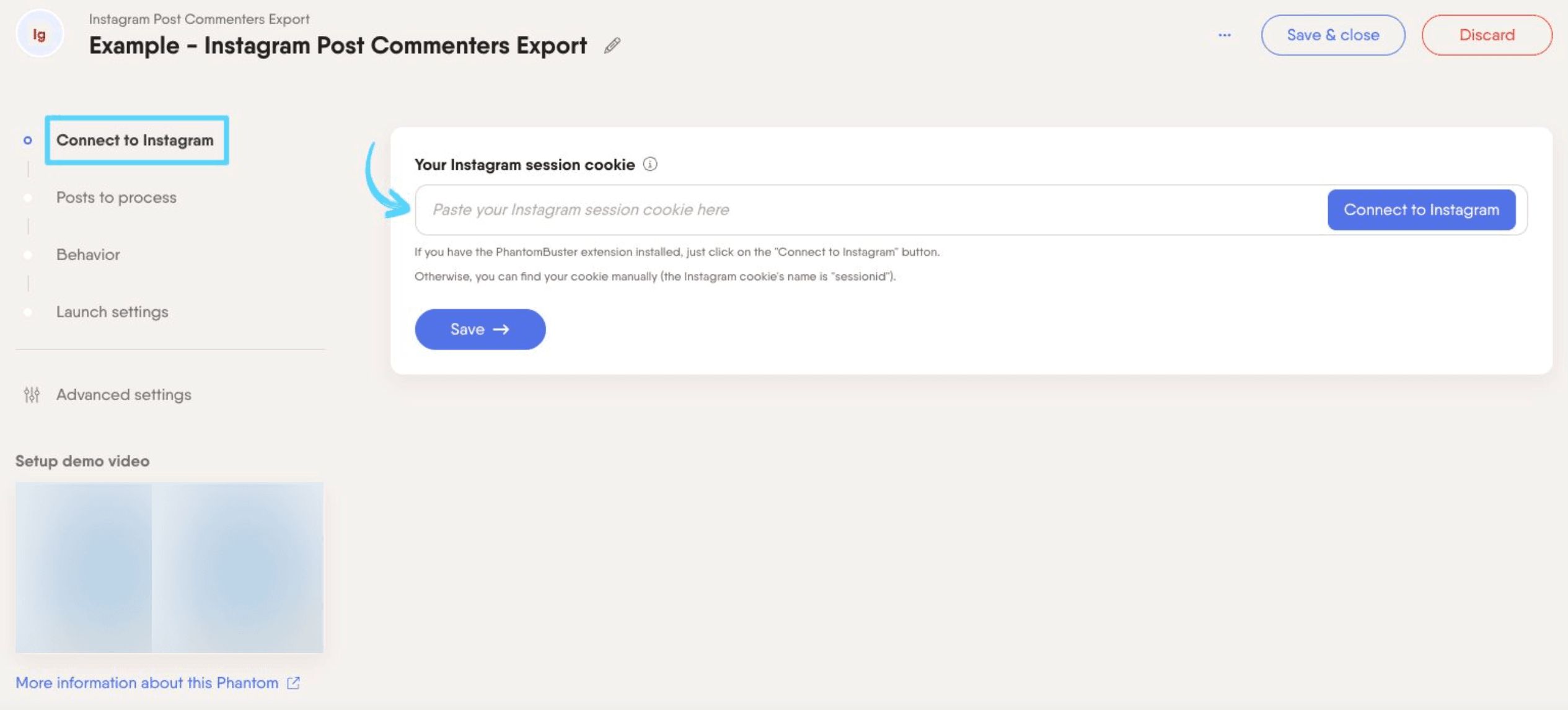 PhantomBuster Instagram Post Commenters Export step 1 connecting your Instagram account