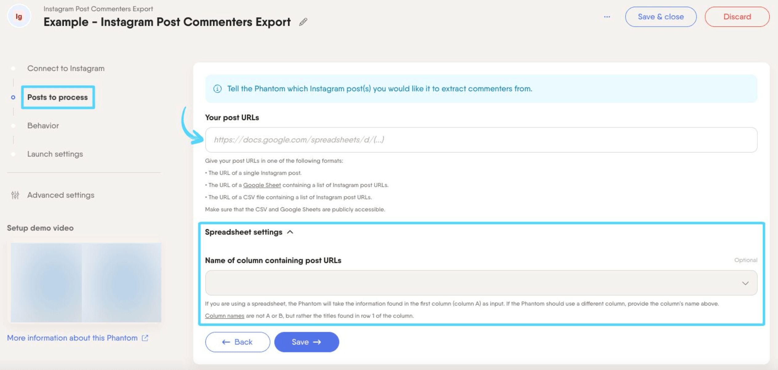 PhantomBuster Instagram Post Commenters Export step 2 providing your Instagram post URLs