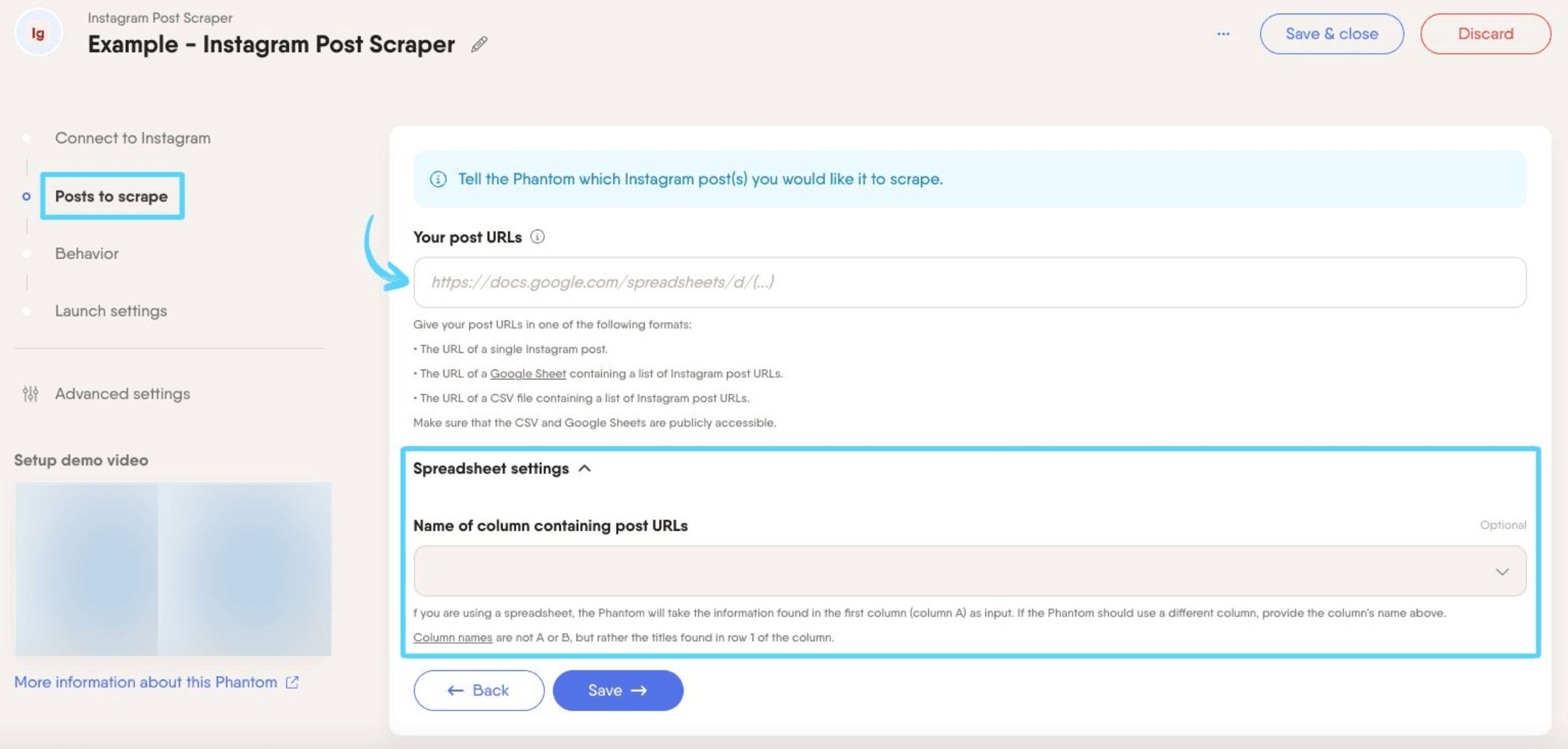 PhantomBuster Instagram Post Scraper step 2 providing your Instagram post URLs