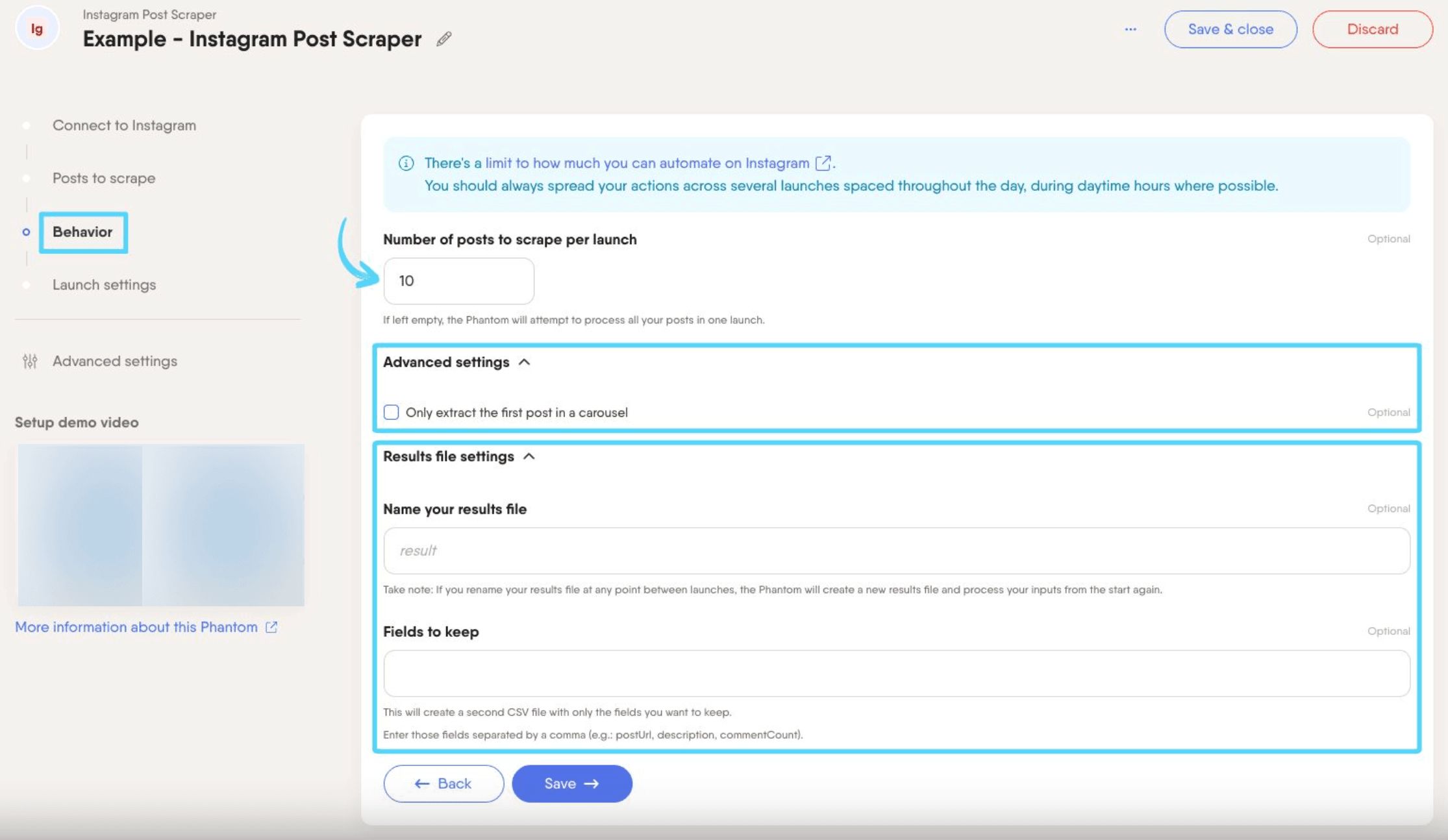 PhantomBuster Instagram Post Scraper step 3 configuring extraction options