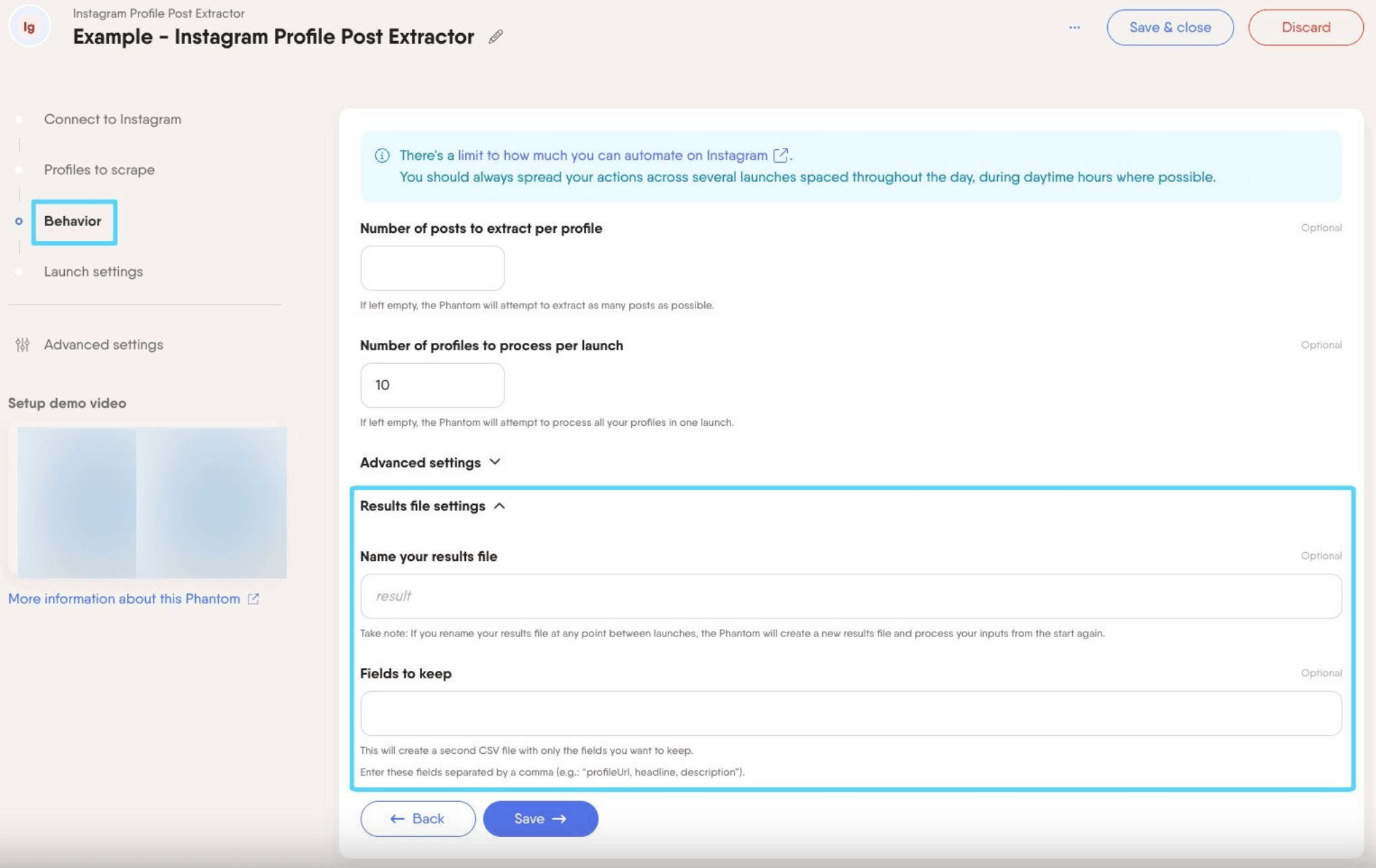 PhantomBuster Instagram Profile Post Extractor step 3 result file settings