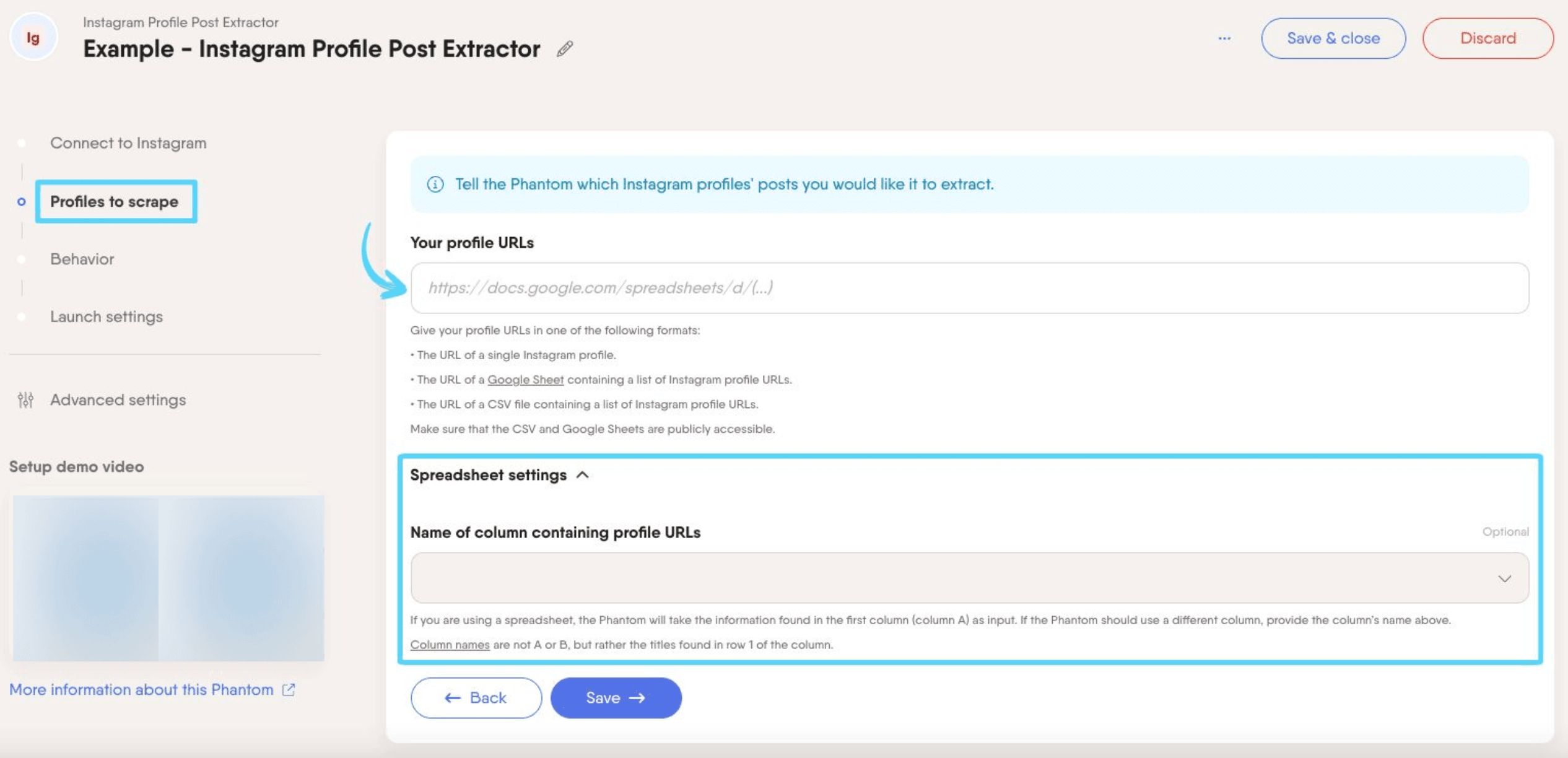 PhantomBuster Instagram Profile Post Extractor step 2 providing profile URLs