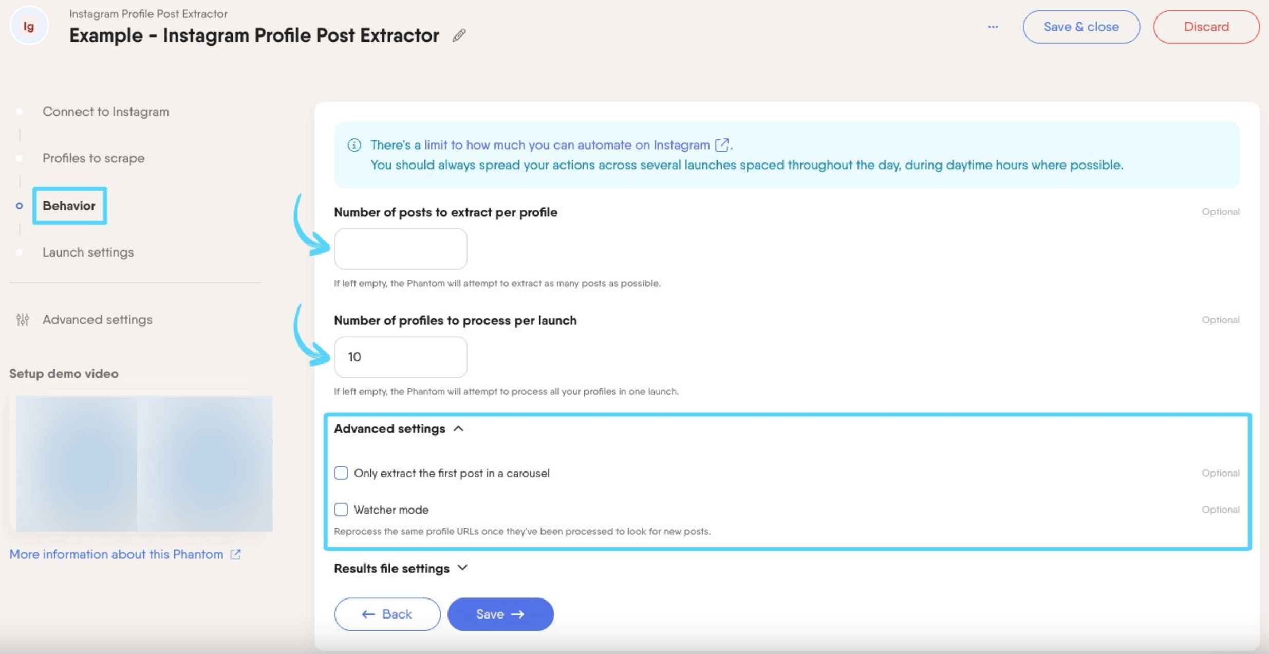 PhantomBuster Instagram Profile Post Extractor step 3 choosing how many posts and profiles to process