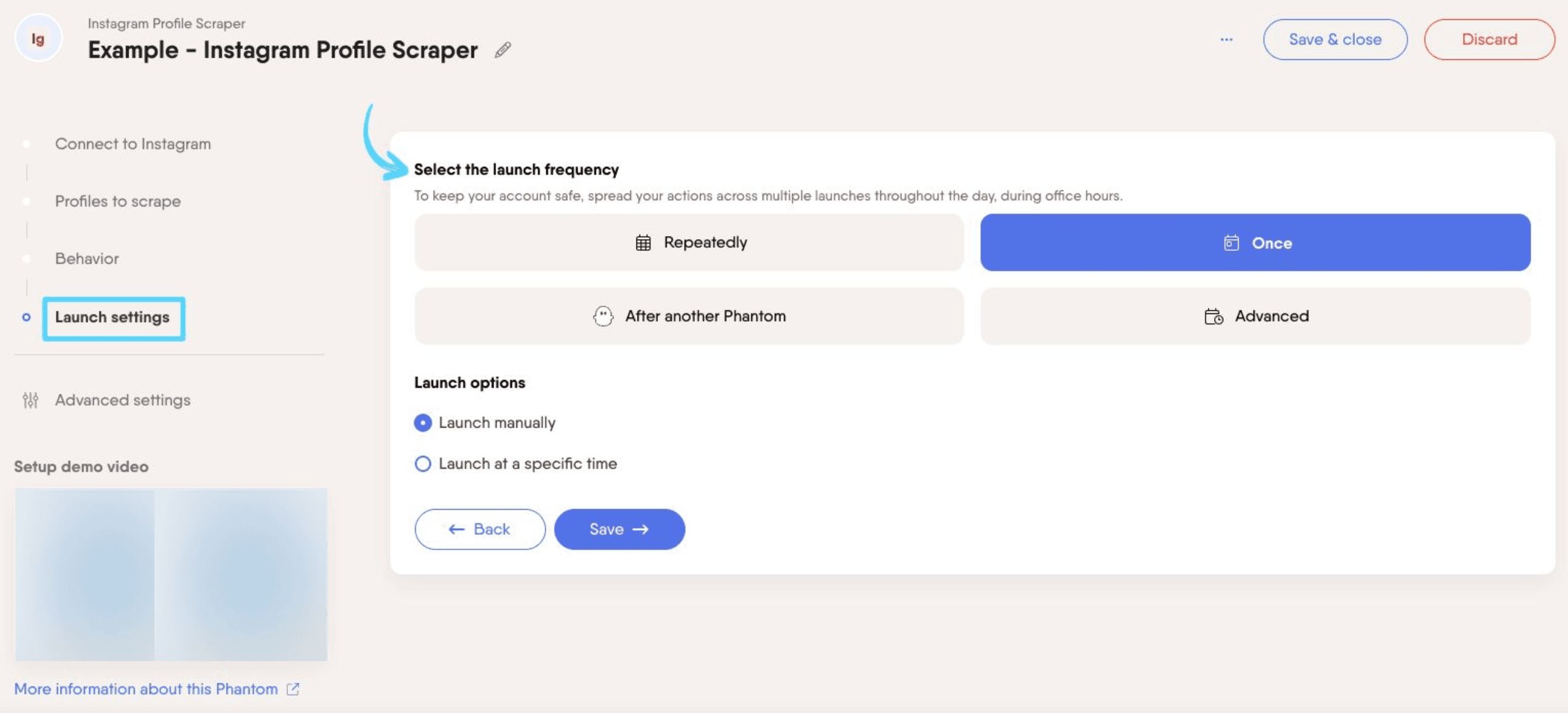 PhantomBuster Instagram Profile Scraper step 4 selecting launch frequency