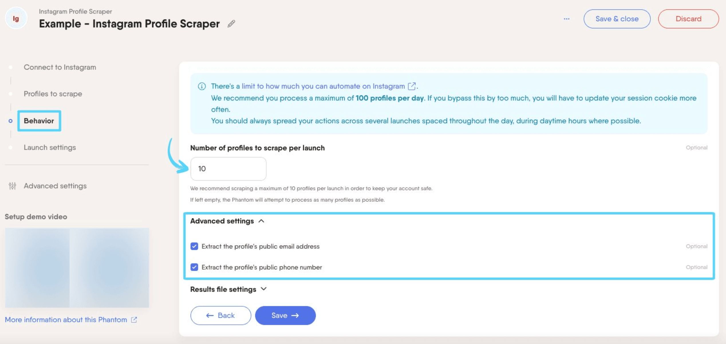 PhantomBuster Instagram Profile Scraper step 3 configuring extraction options