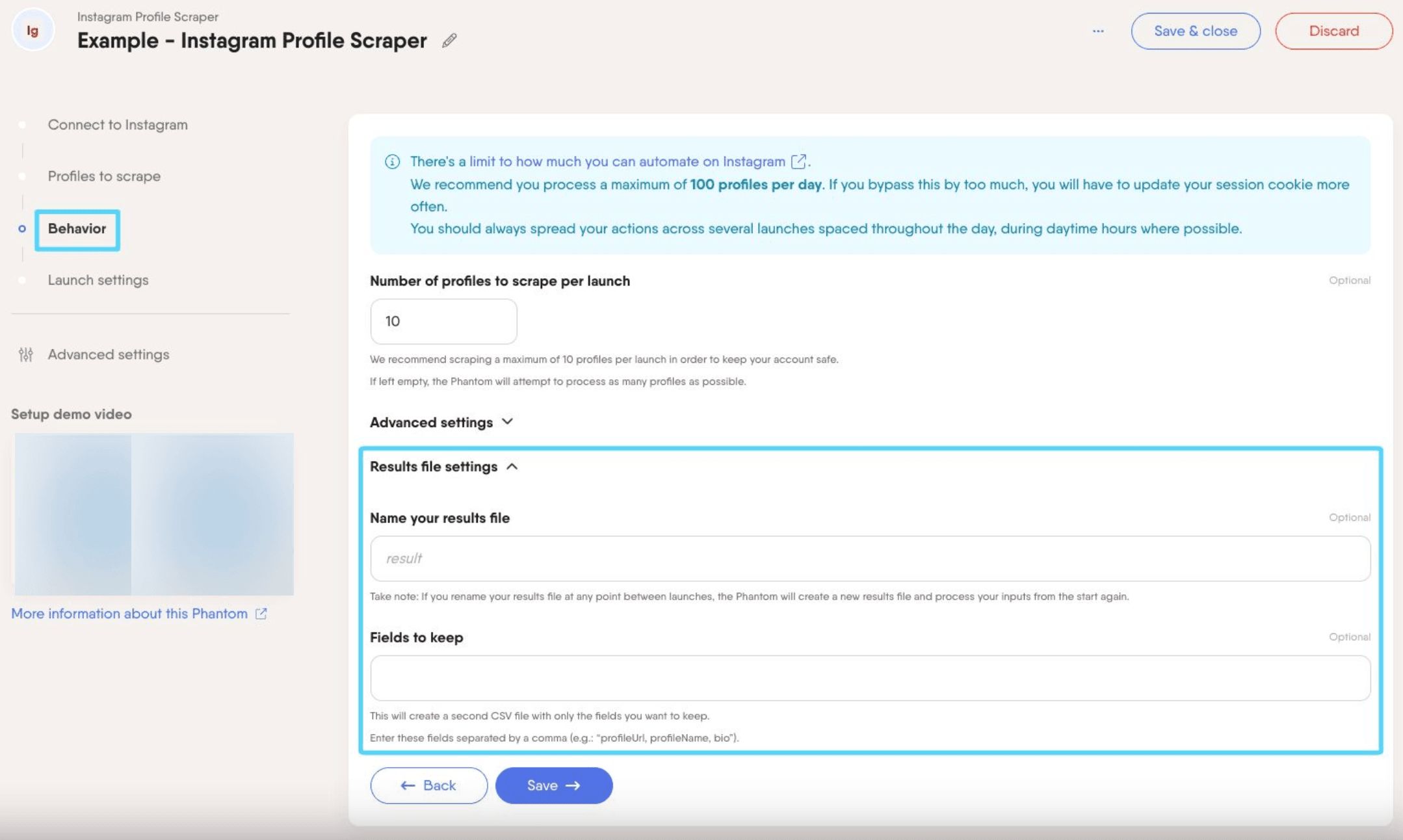 PhantomBuster Instagram Profile Scraper step 3 result file settings
