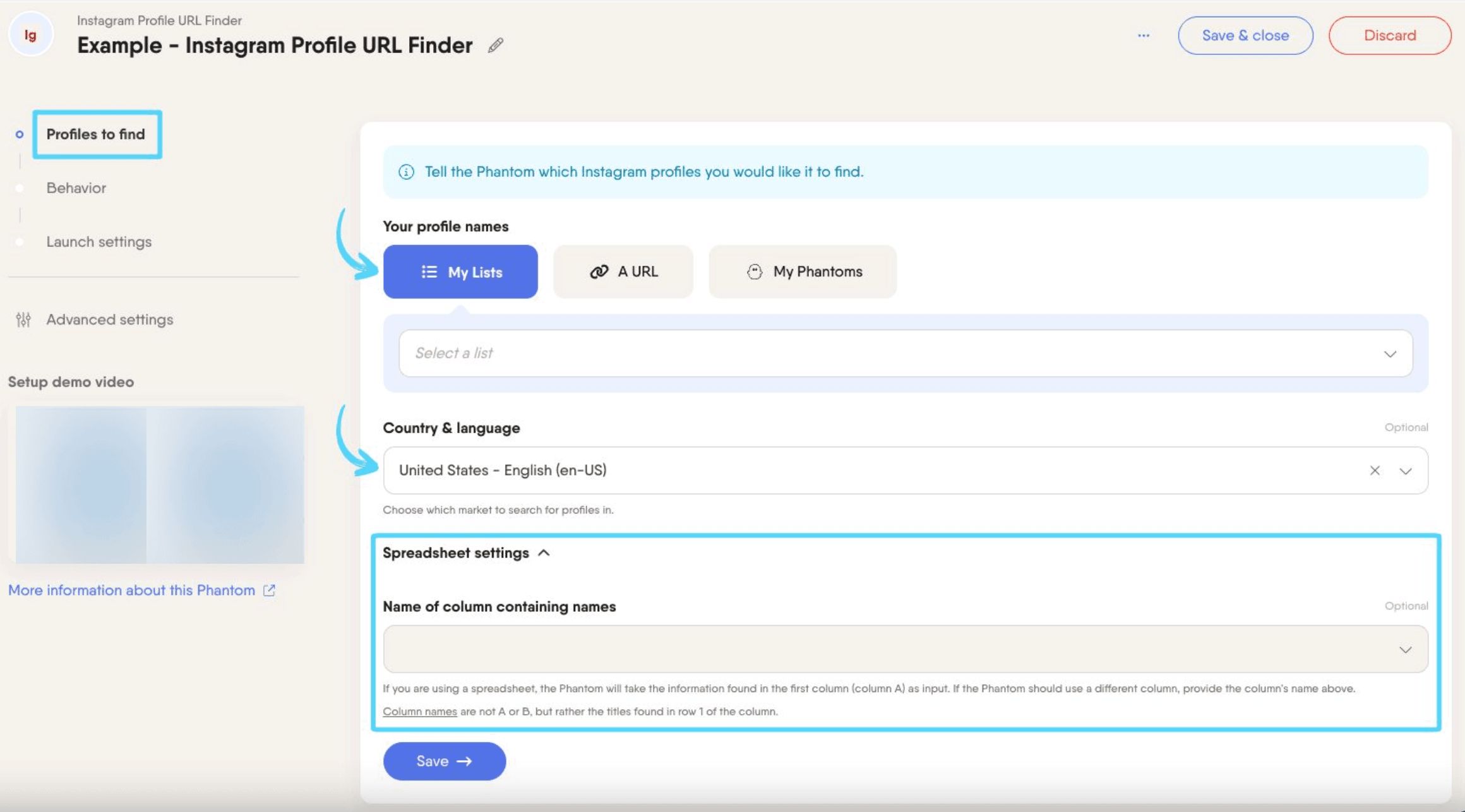 PhantomBuster Instagram Profile URL Finder step 1 providing the names to search