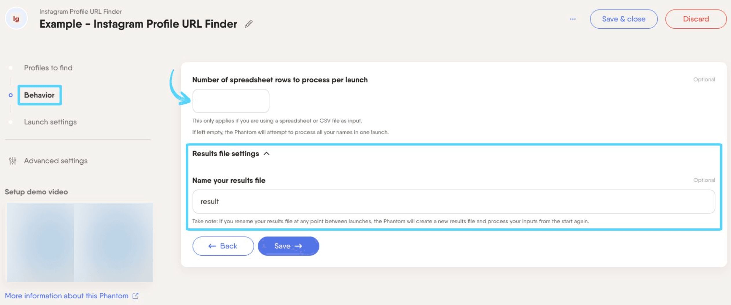 PhantomBuster Instagram Profile URL Finder step 2 configuring extraction options