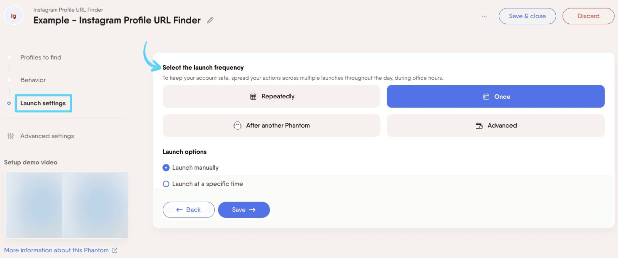 PhantomBuster Instagram Profile URL Finder step 3 selecting launch frequency