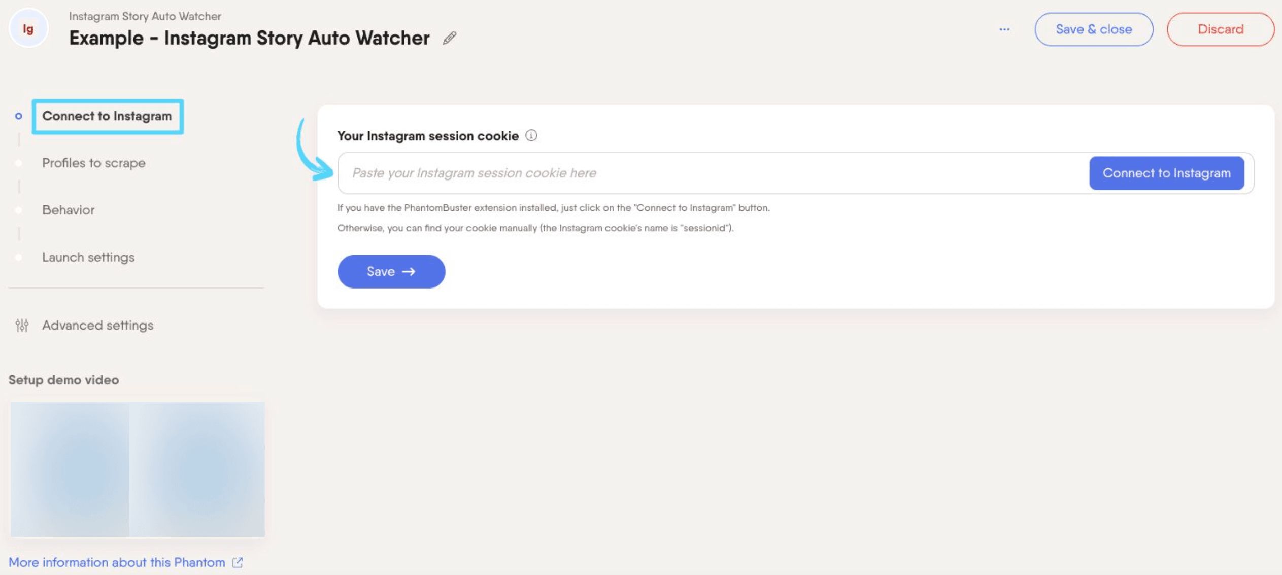 PhantomBuster Instagram Story Auto Watcher step 1 connecting your Instagram account