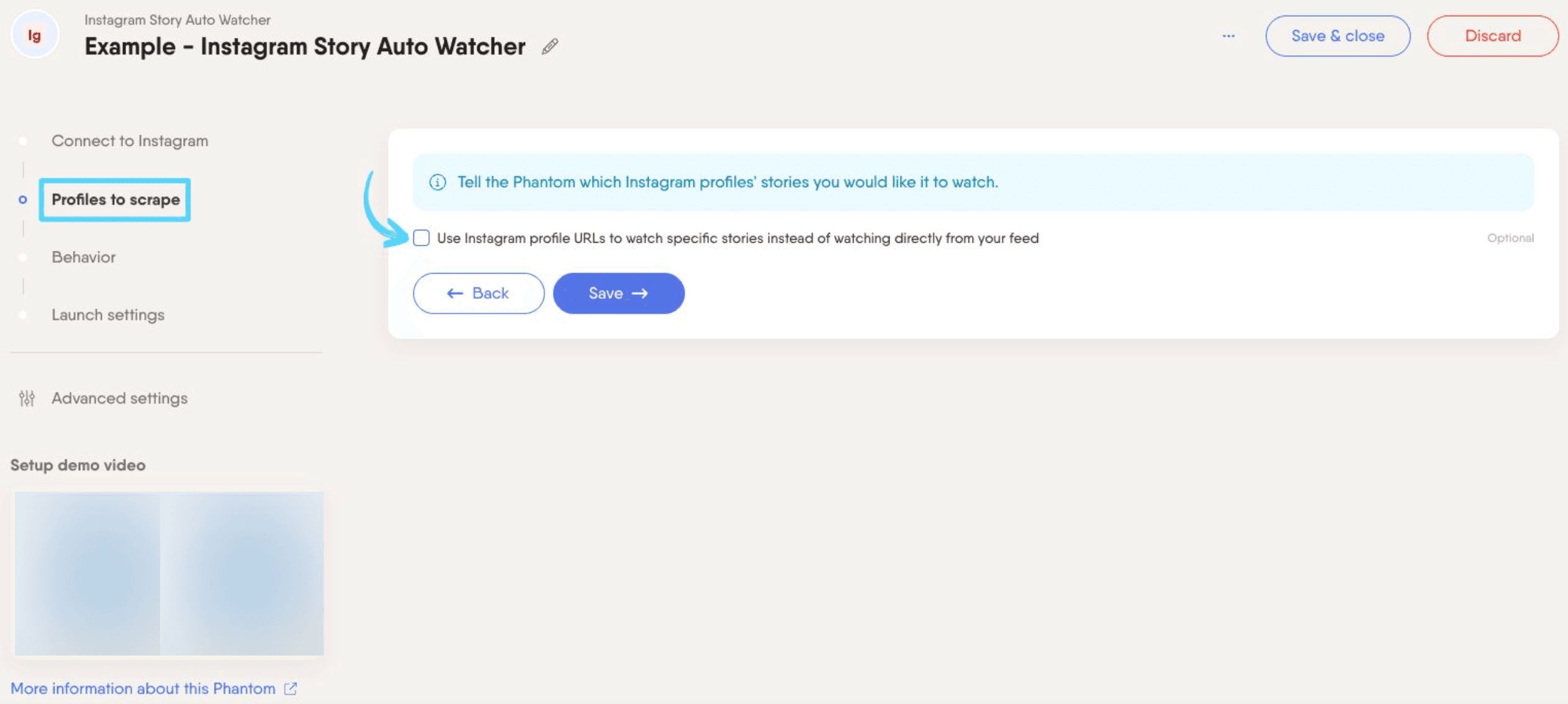 PhantomBuster Instagram Story Auto Watcher step 2 choosing how to watch stories