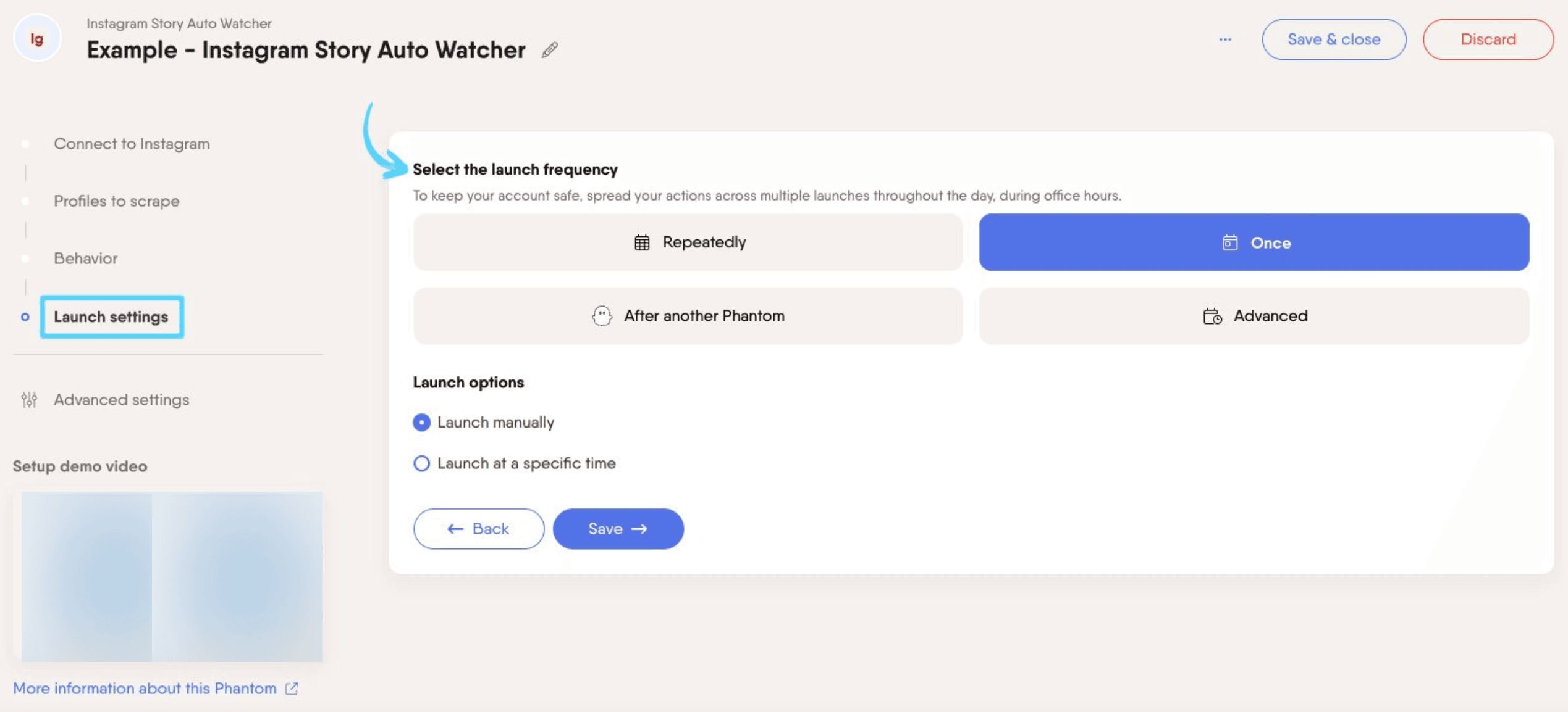 PhantomBuster Instagram Story Auto Watcher step 4 selecting launch frequency