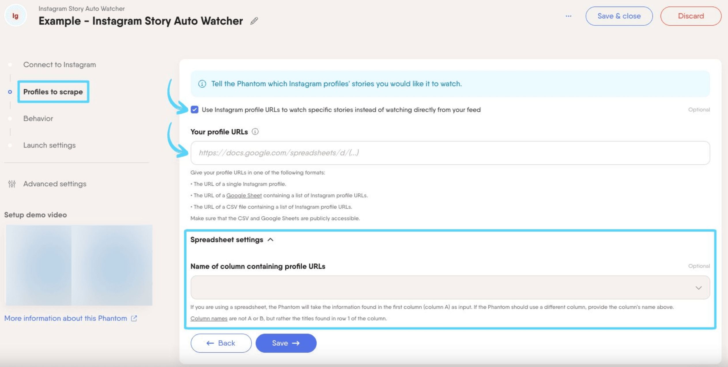 PhantomBuster Instagram Story Auto Watcher step 2 watching stories from specific profile URLs