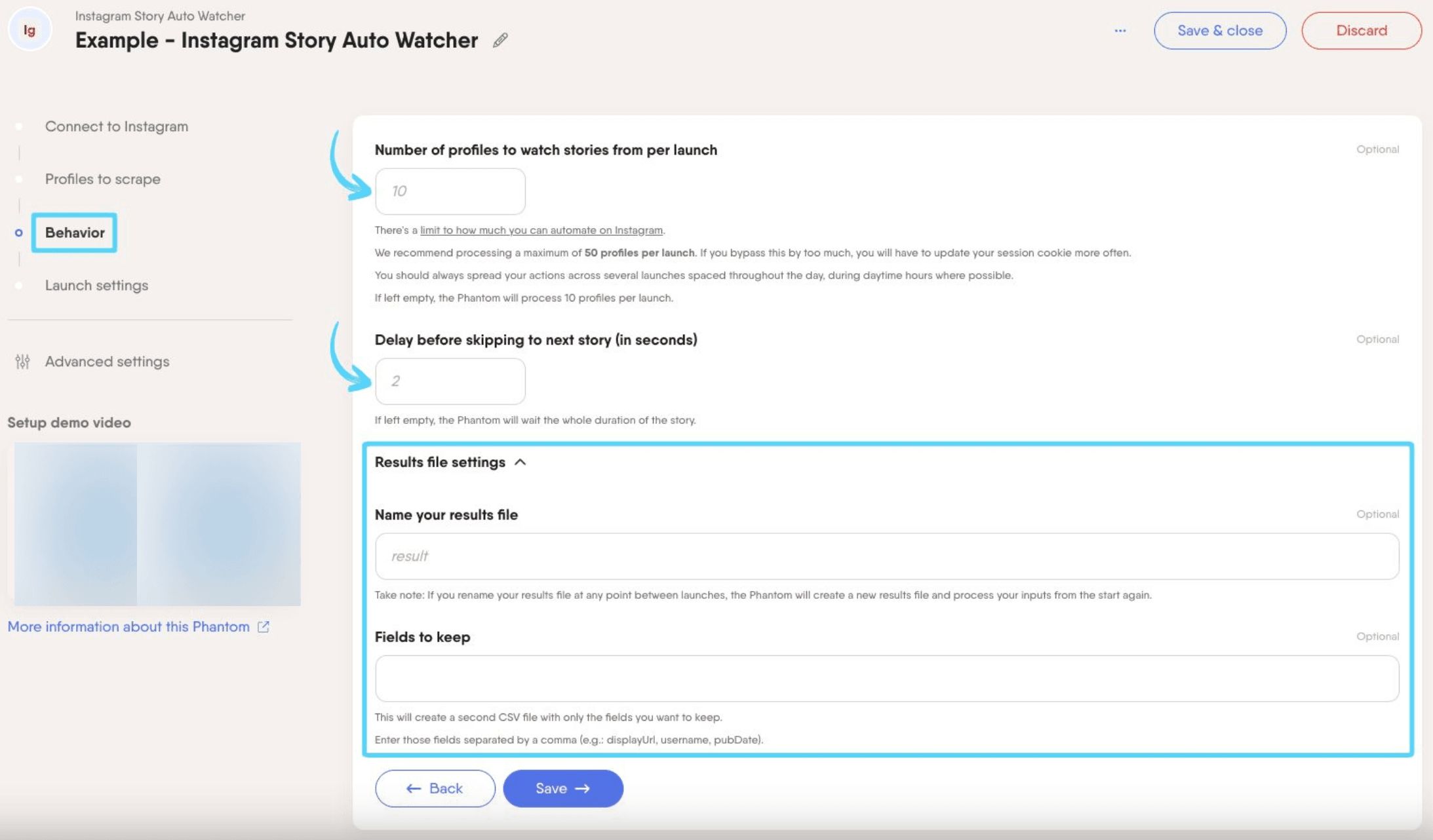 PhantomBuster Instagram Story Auto Watcher step 3 configuring story-watching behavior