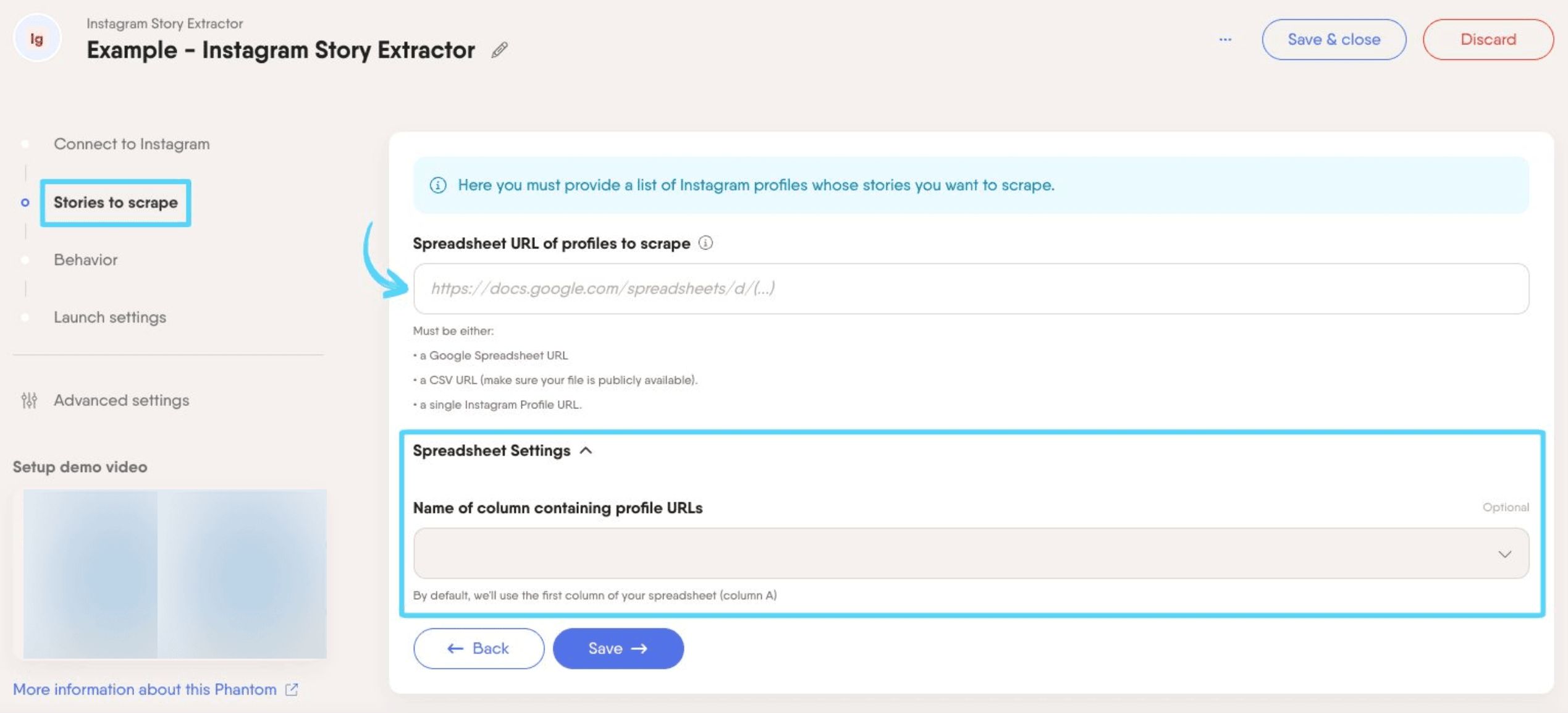 PhantomBuster Instagram Story Extractor step 2 providing profile URLs