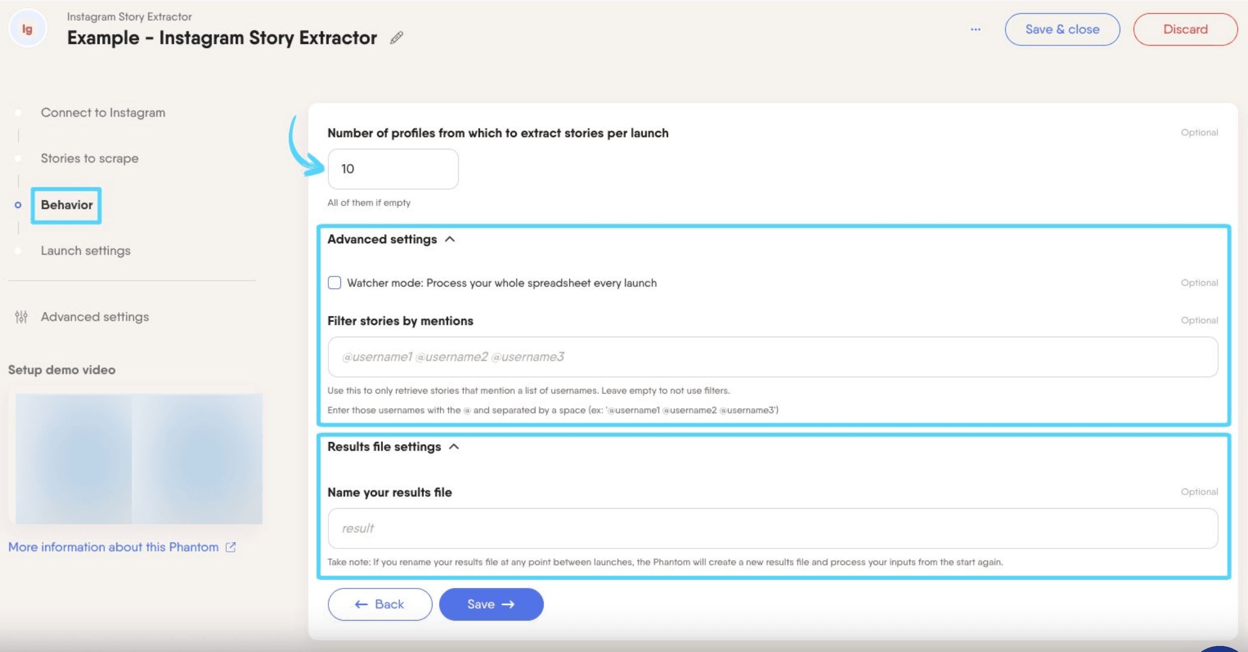 PhantomBuster Instagram Story Extractor step 3 configuring extraction behavior