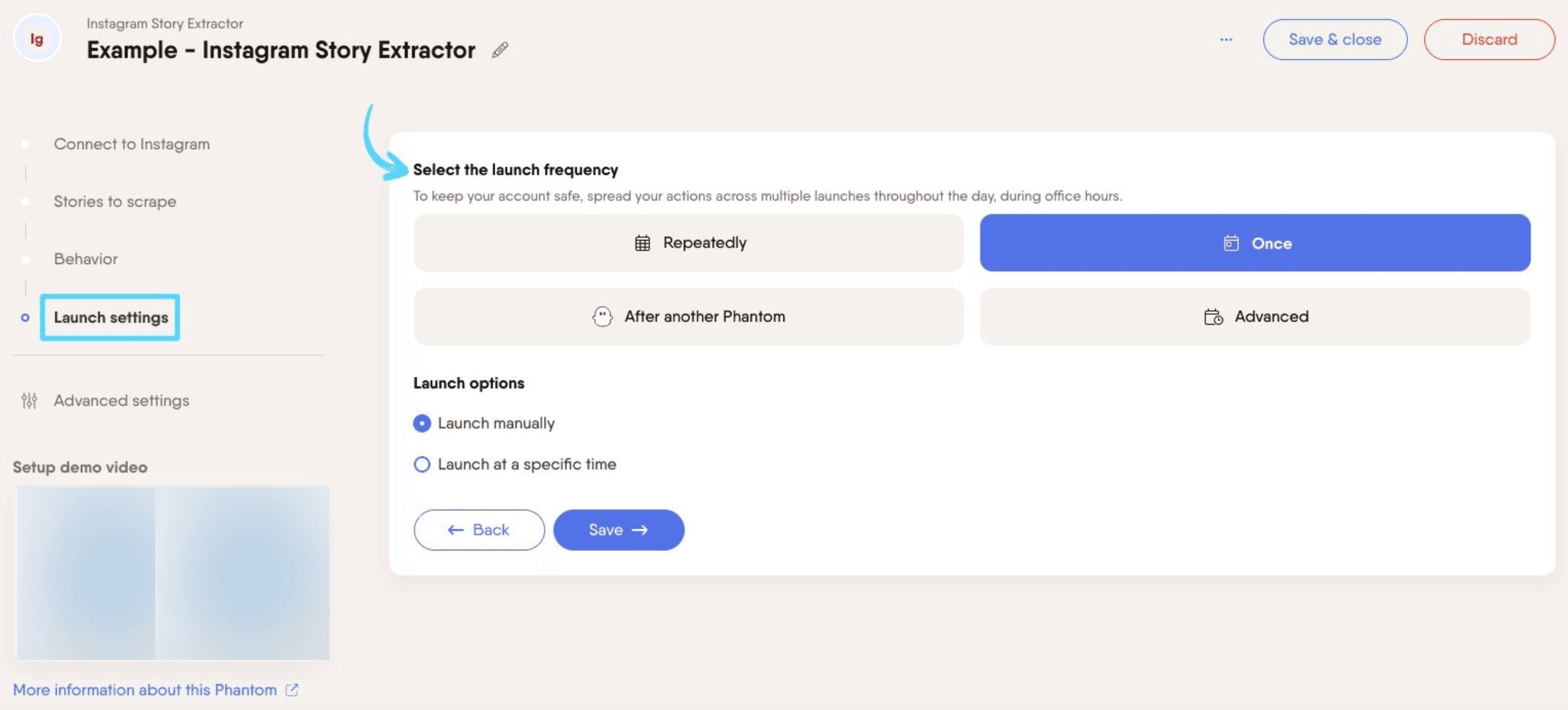 PhantomBuster Instagram Story Extractor step 4 selecting launch frequency