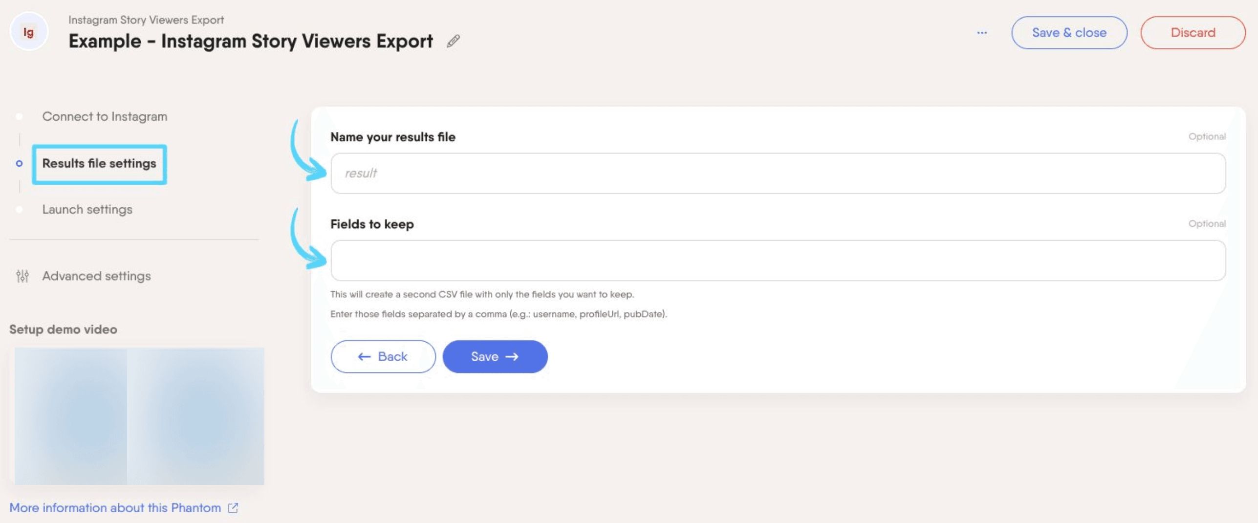 PhantomBuster Instagram Story Viewers Export step 2 configuring your results