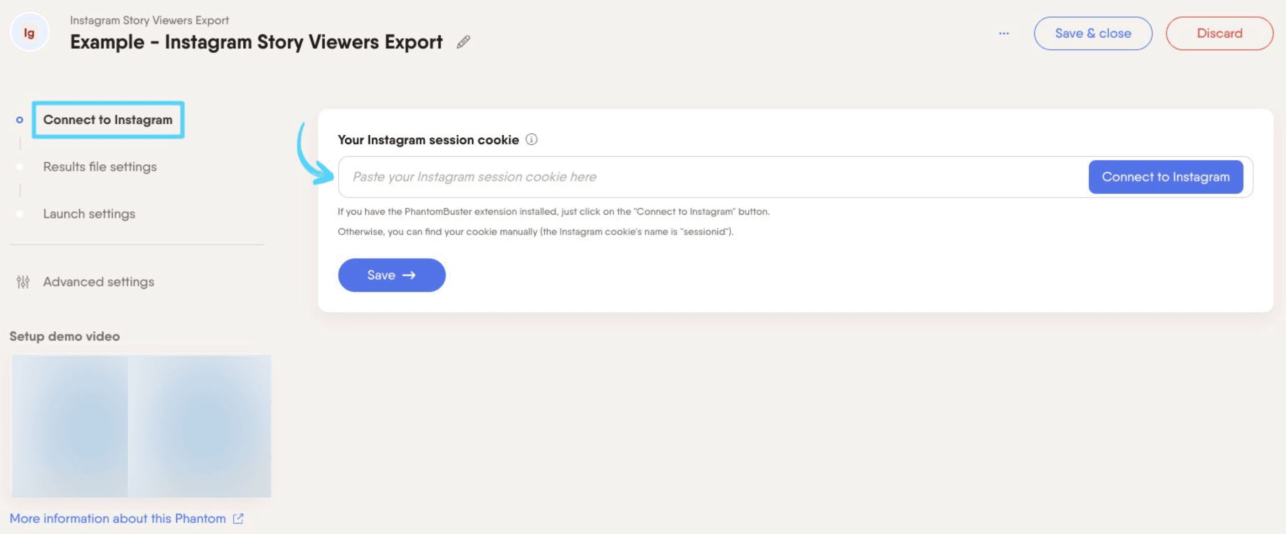 PhantomBuster Instagram Story Viewers Export step 1 connecting your Instagram account