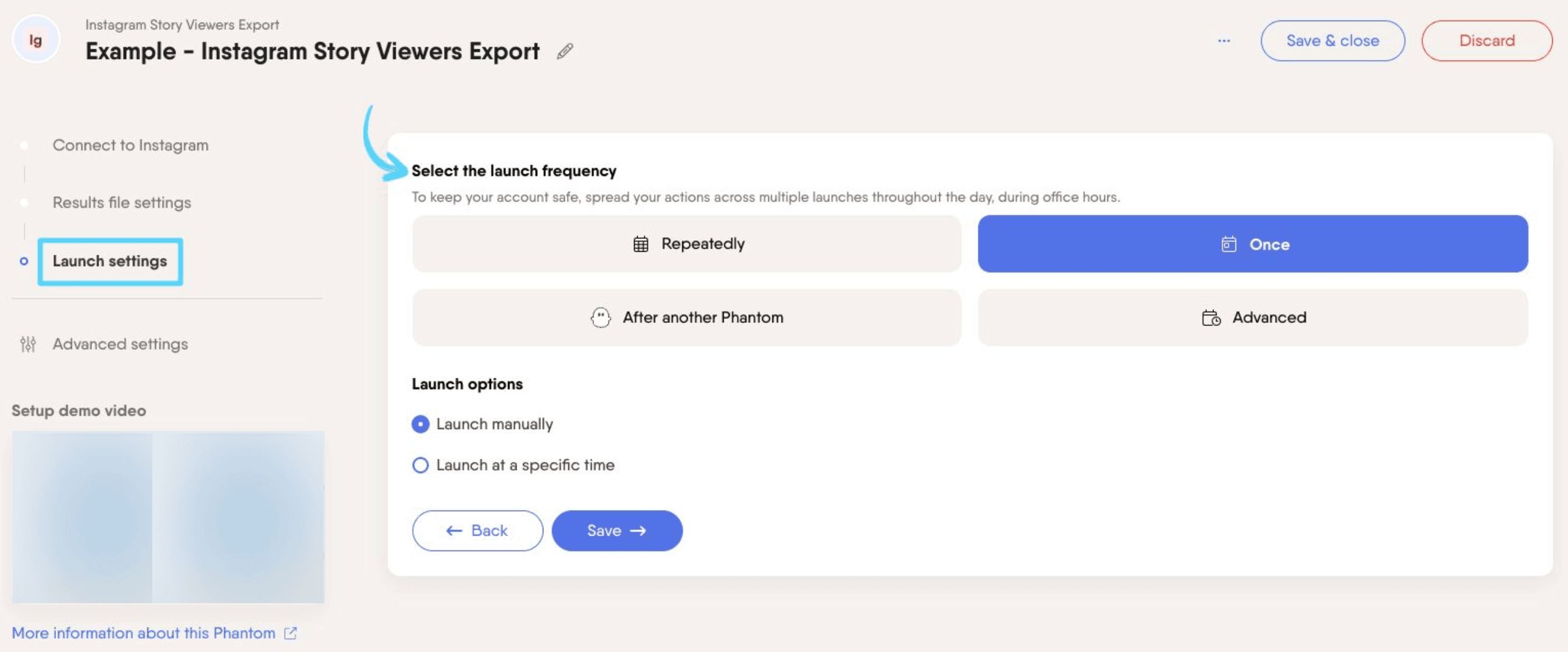 PhantomBuster Instagram Story Viewers Export step 3 selecting launch frequency